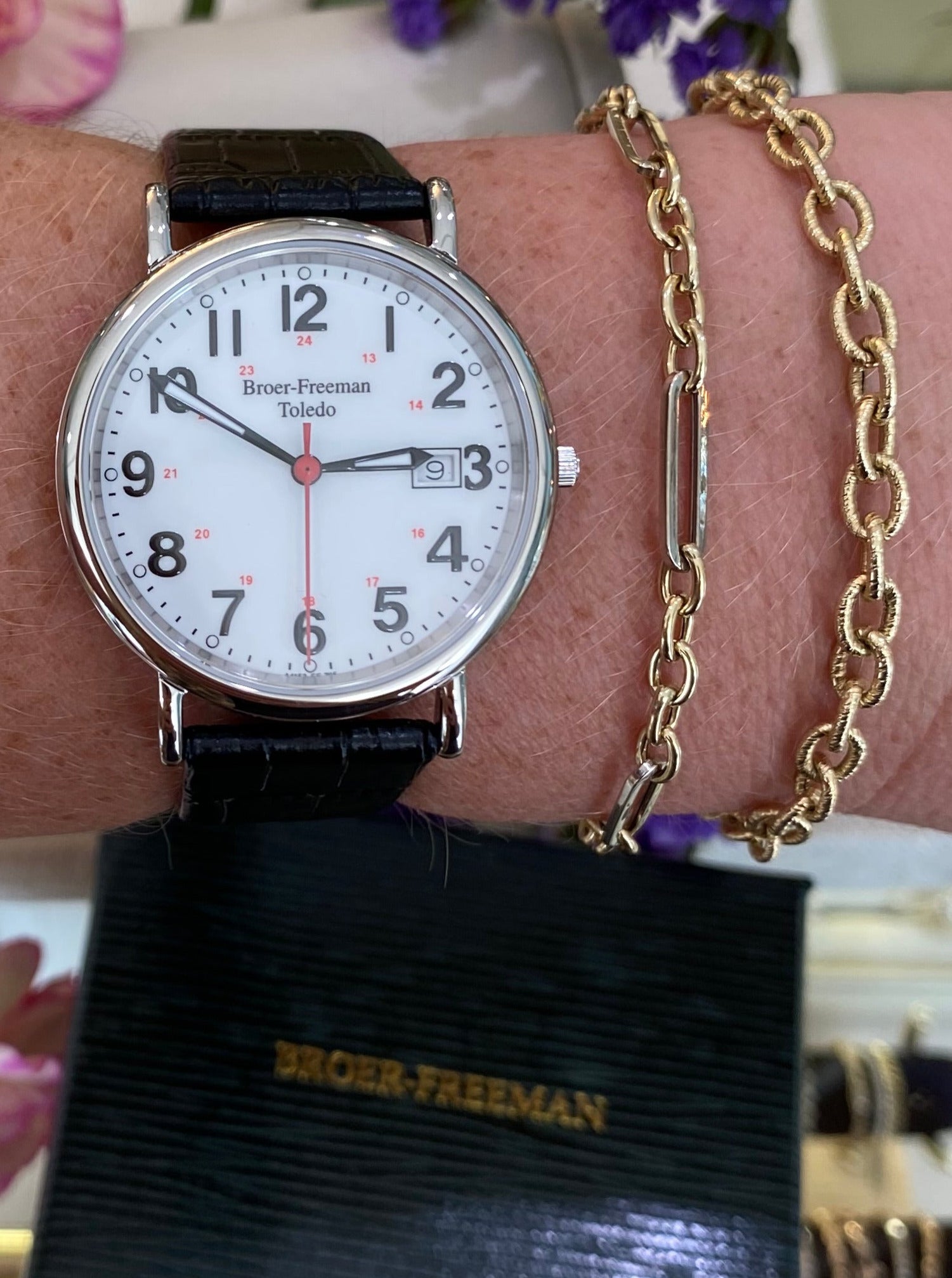 White Dial Red Accent Black Leather Watch