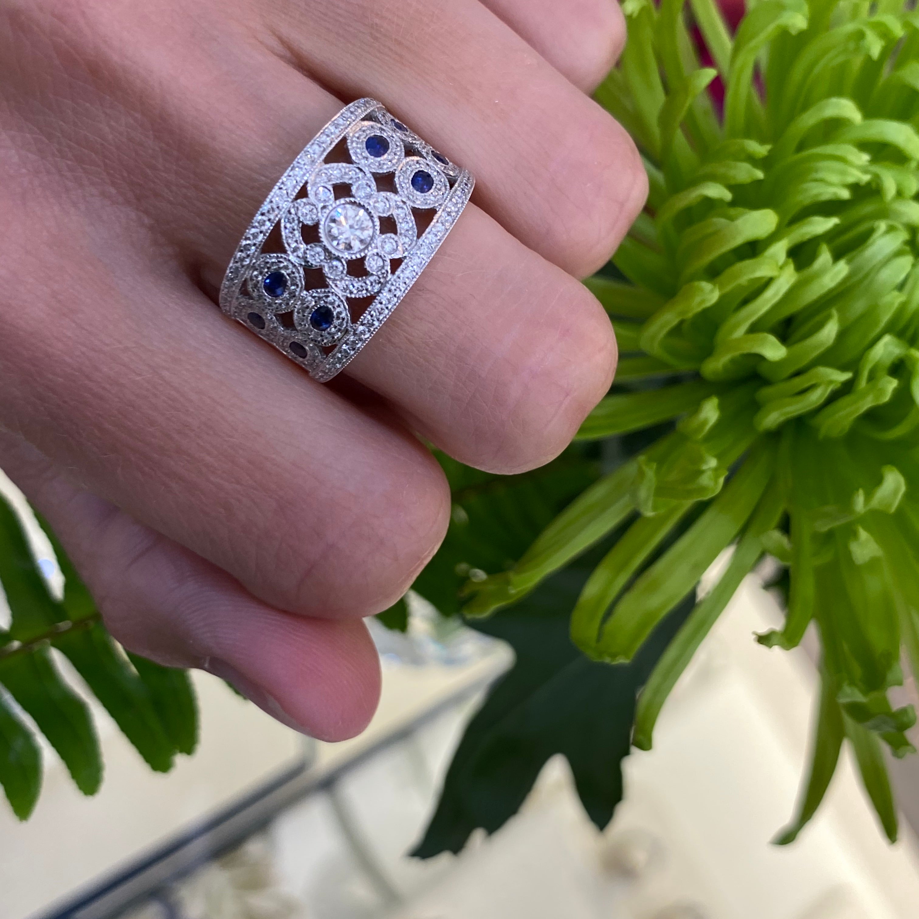 Sapphire & Diamond Milgrain Wide Ring