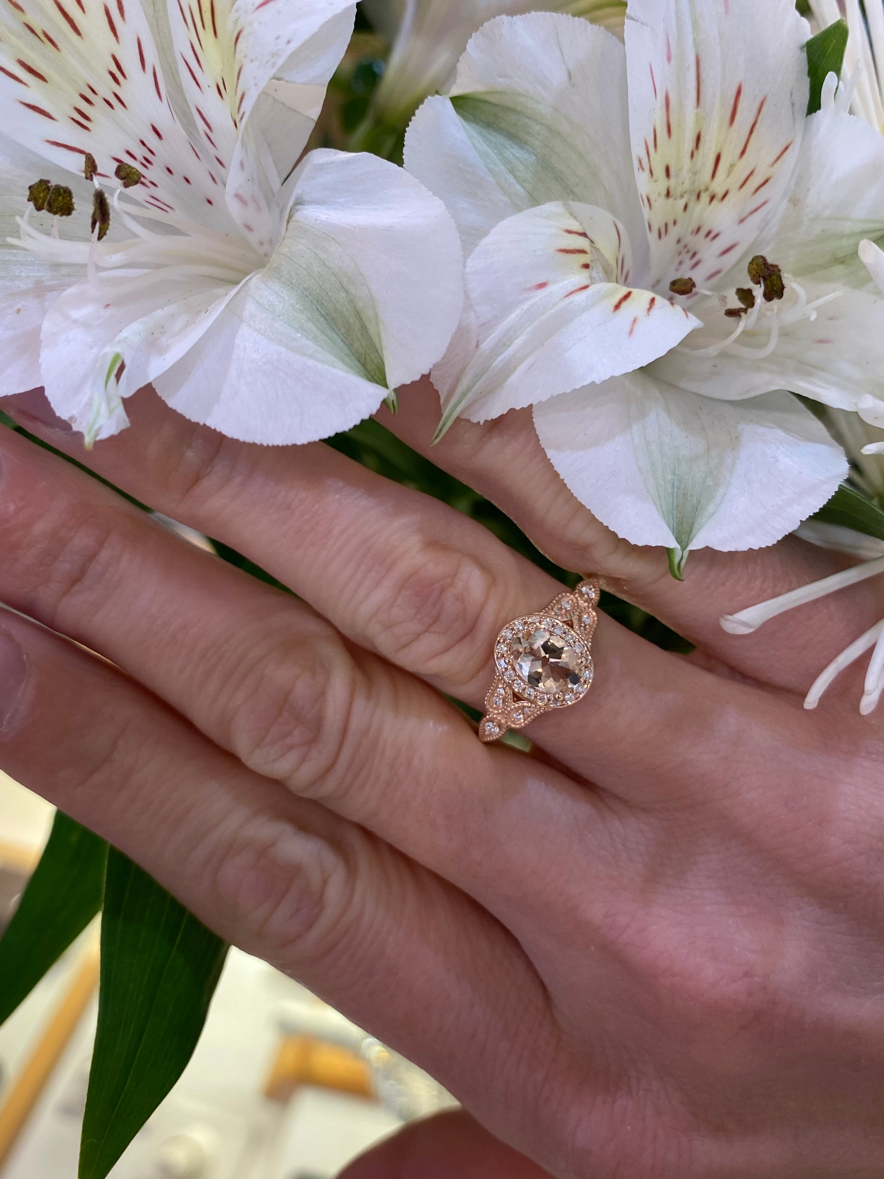 Vintage Inspired Oval Morganite Halo Ring