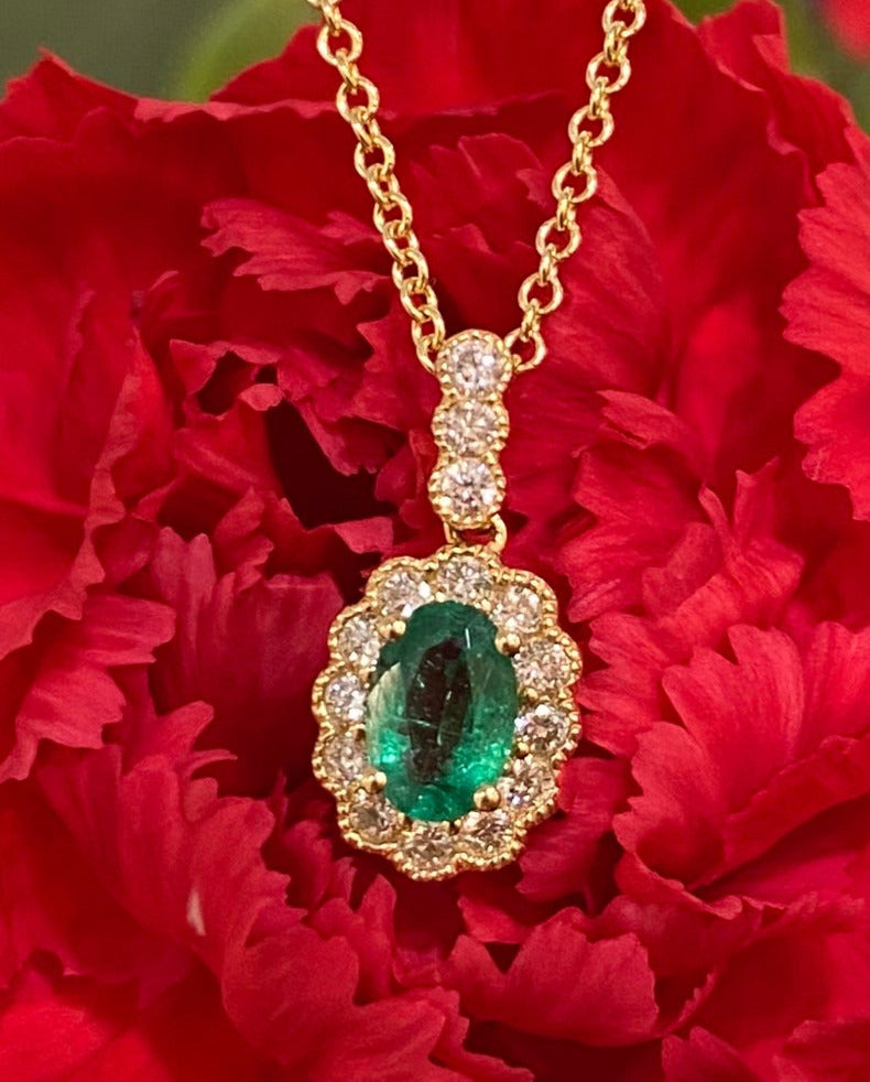 Emerald and Diamond Halo Necklace