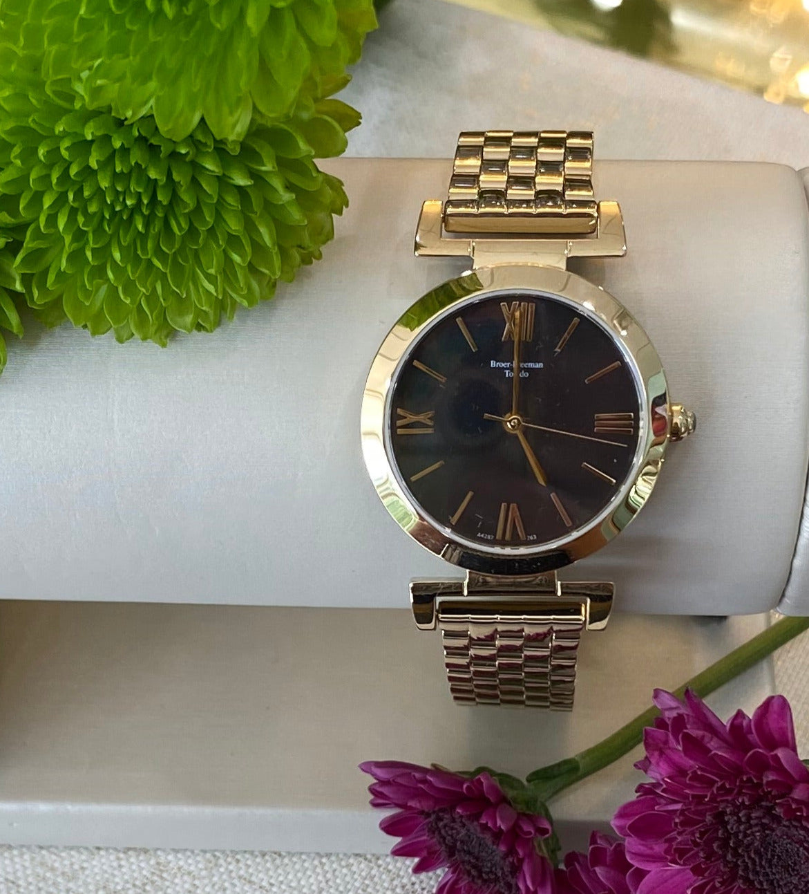 Black Mother of Pearl Dial Gold Toned Bracelet Watch