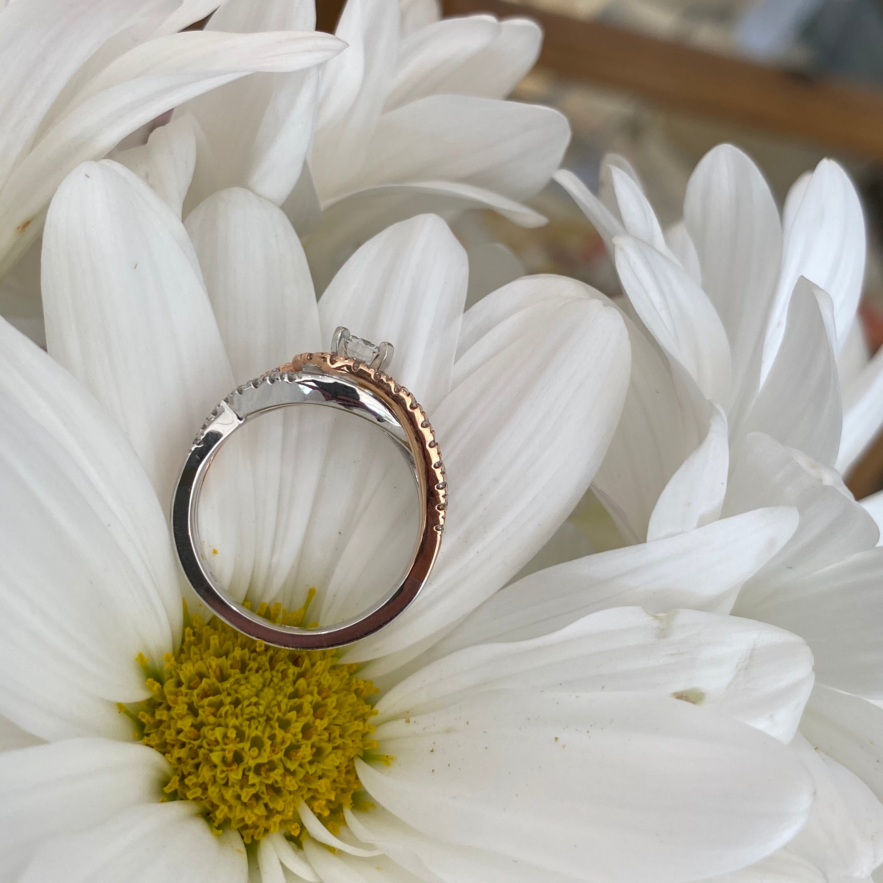 Rose & White Gold Diamond Swirl Engagement Ring