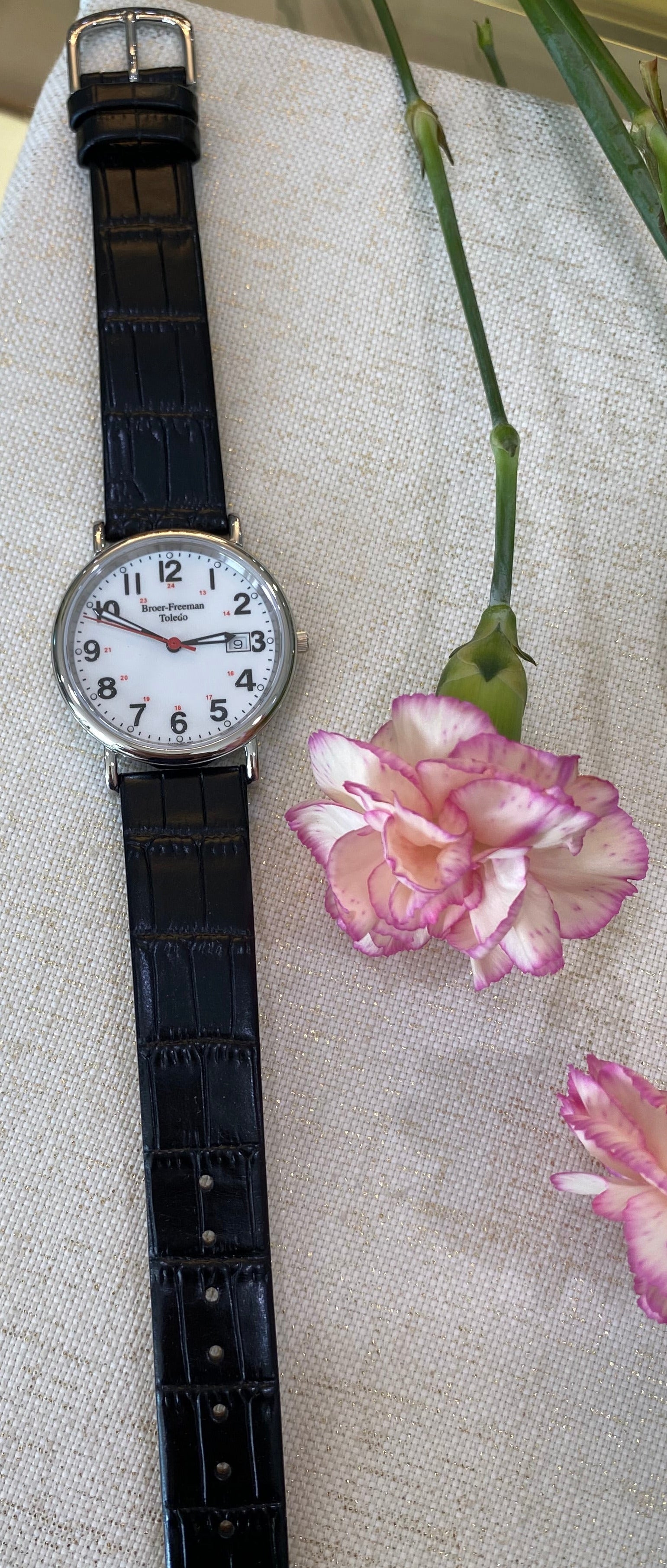 White Dial Red Accent Black Leather Watch