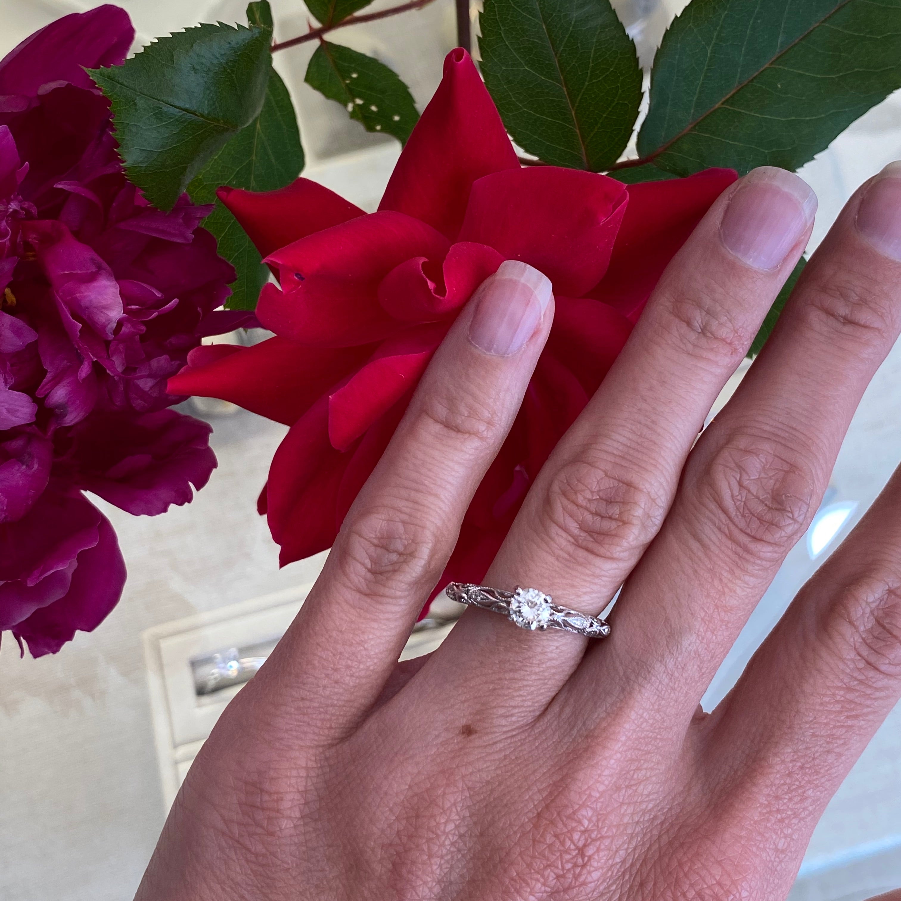 Fancy Round Solitaire Engagement Ring with Filigree Scroll Work