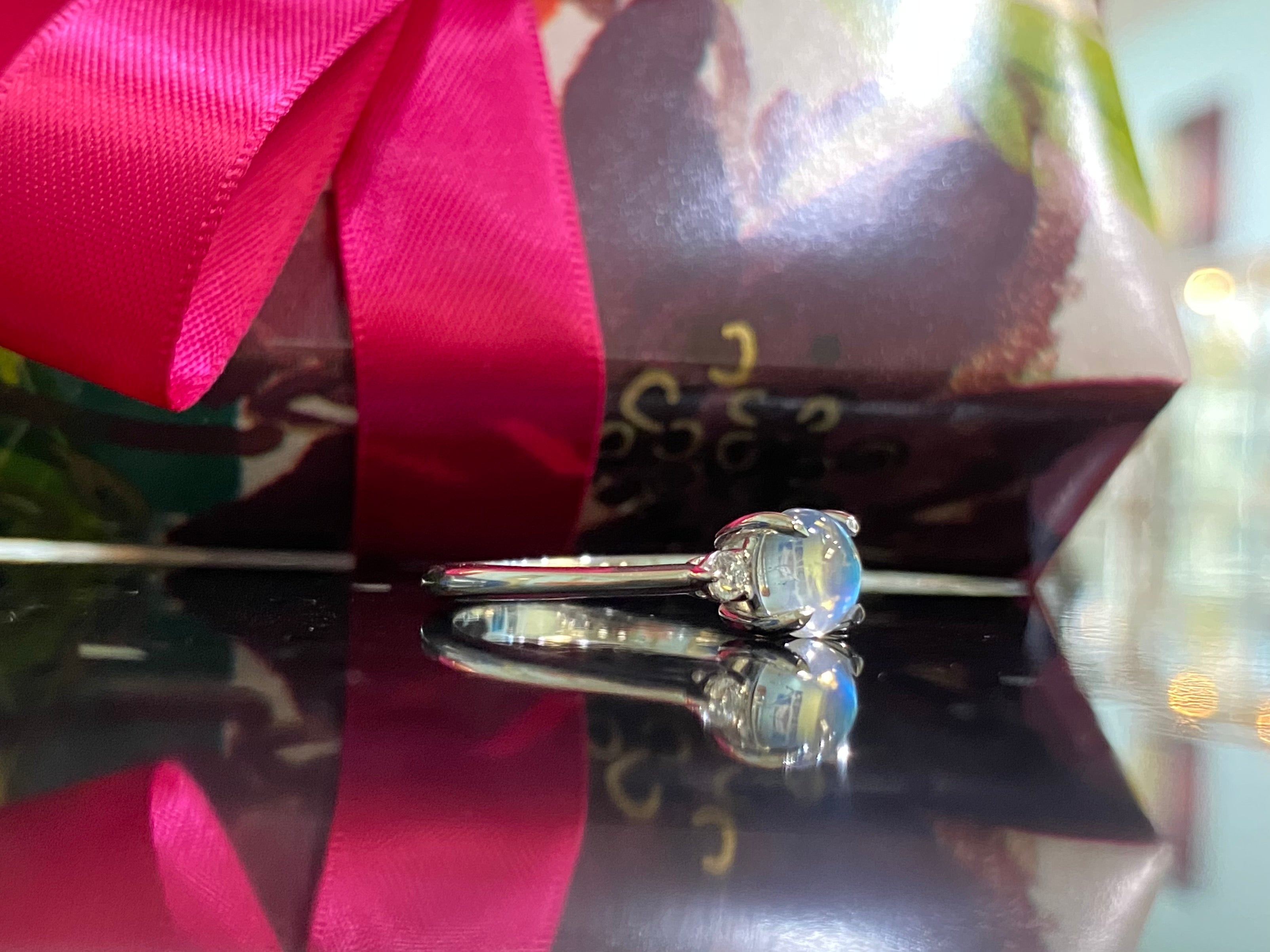 Round Moonstone & Diamond Three Stone Ring