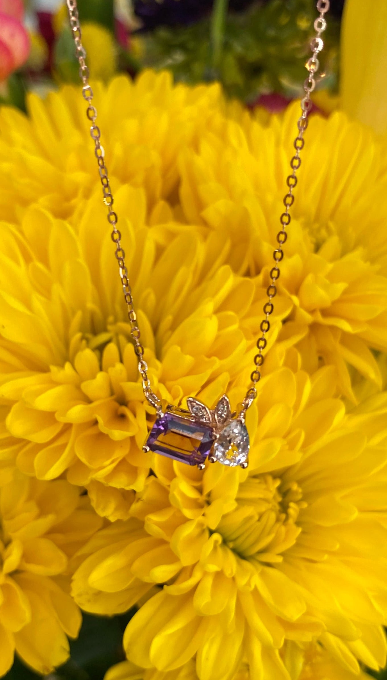 Amethyst and White Topaz Mosaic Necklace in Rose Gold