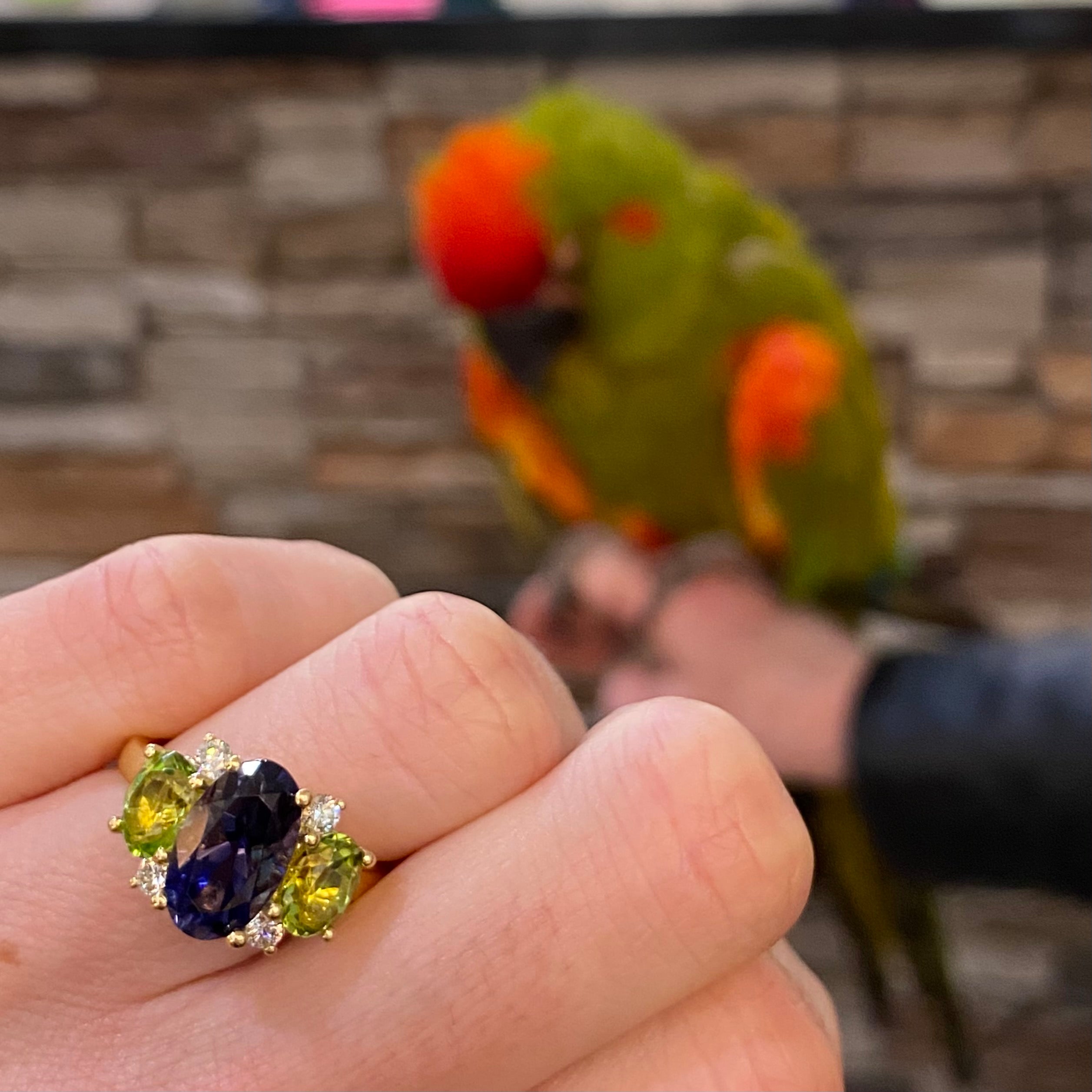 Oval Iolite, Peridot & Diamond Ring in 18K Yellow Gold