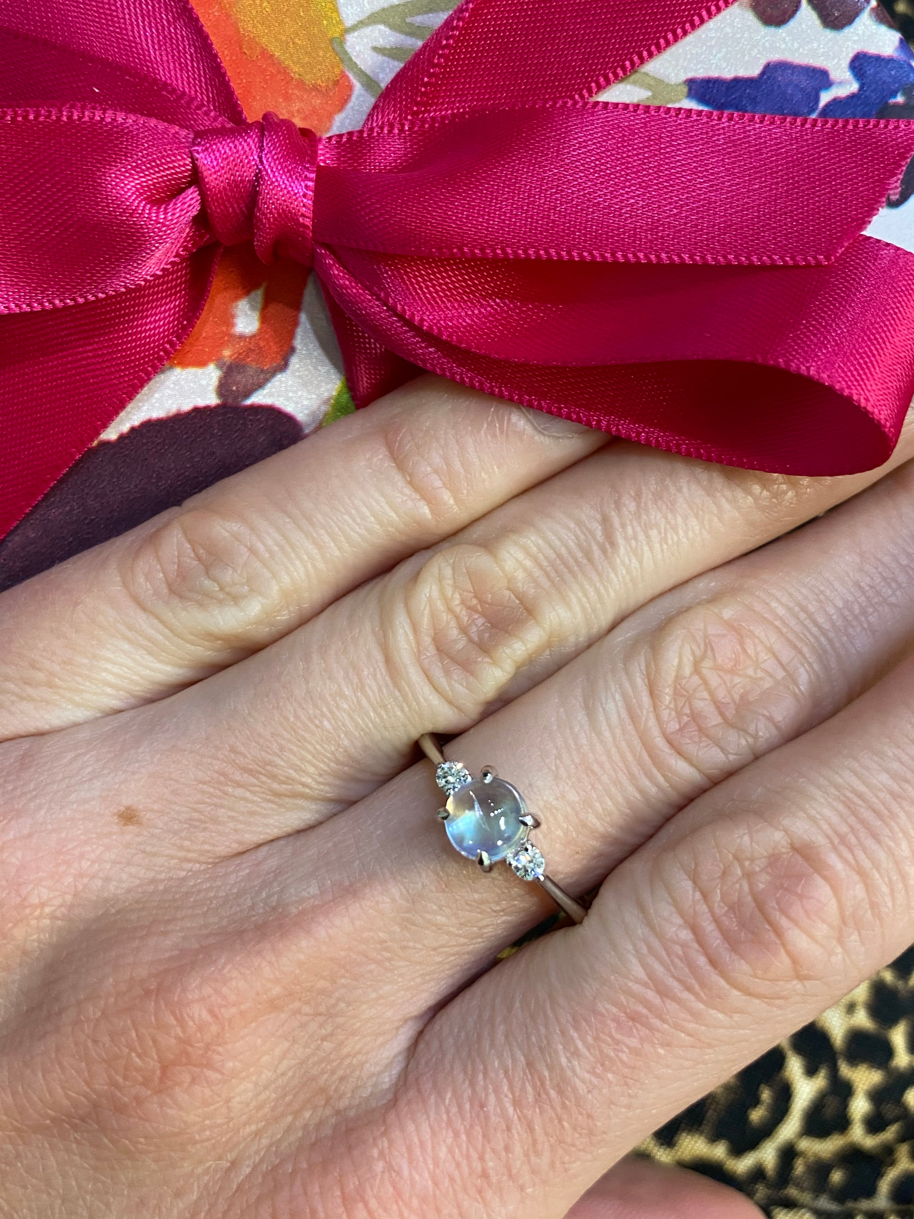 Round Moonstone & Diamond Three Stone Ring