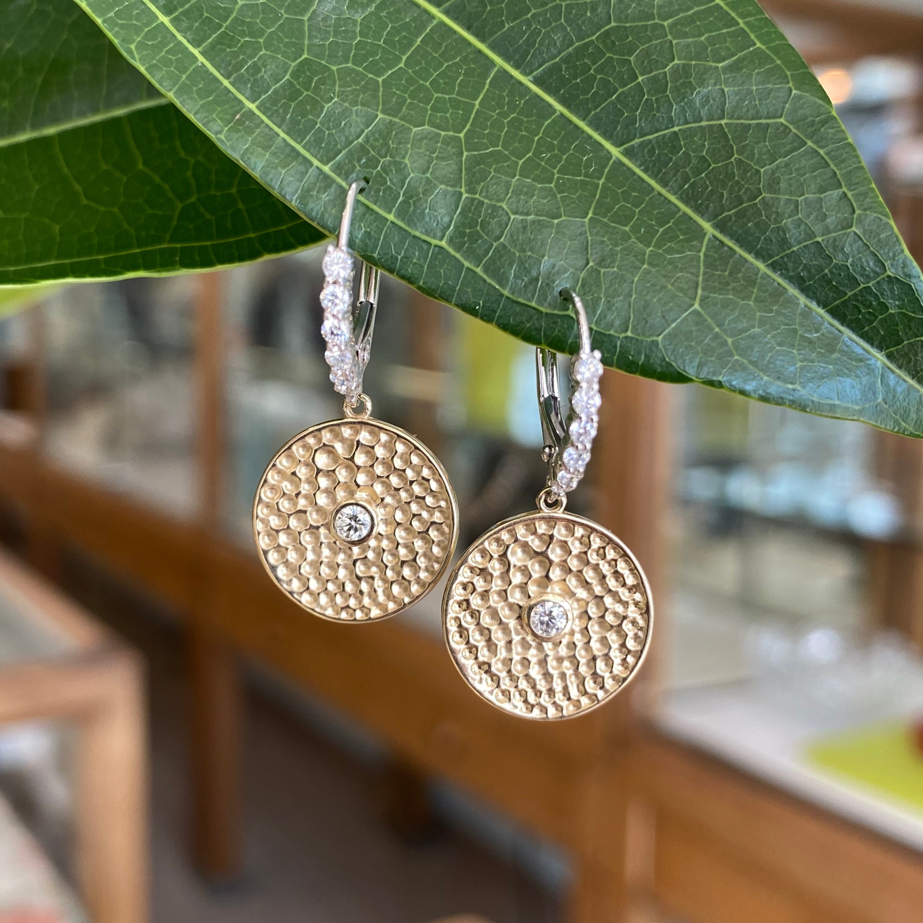 Yellow and White Gold Diamond Disk Earrings