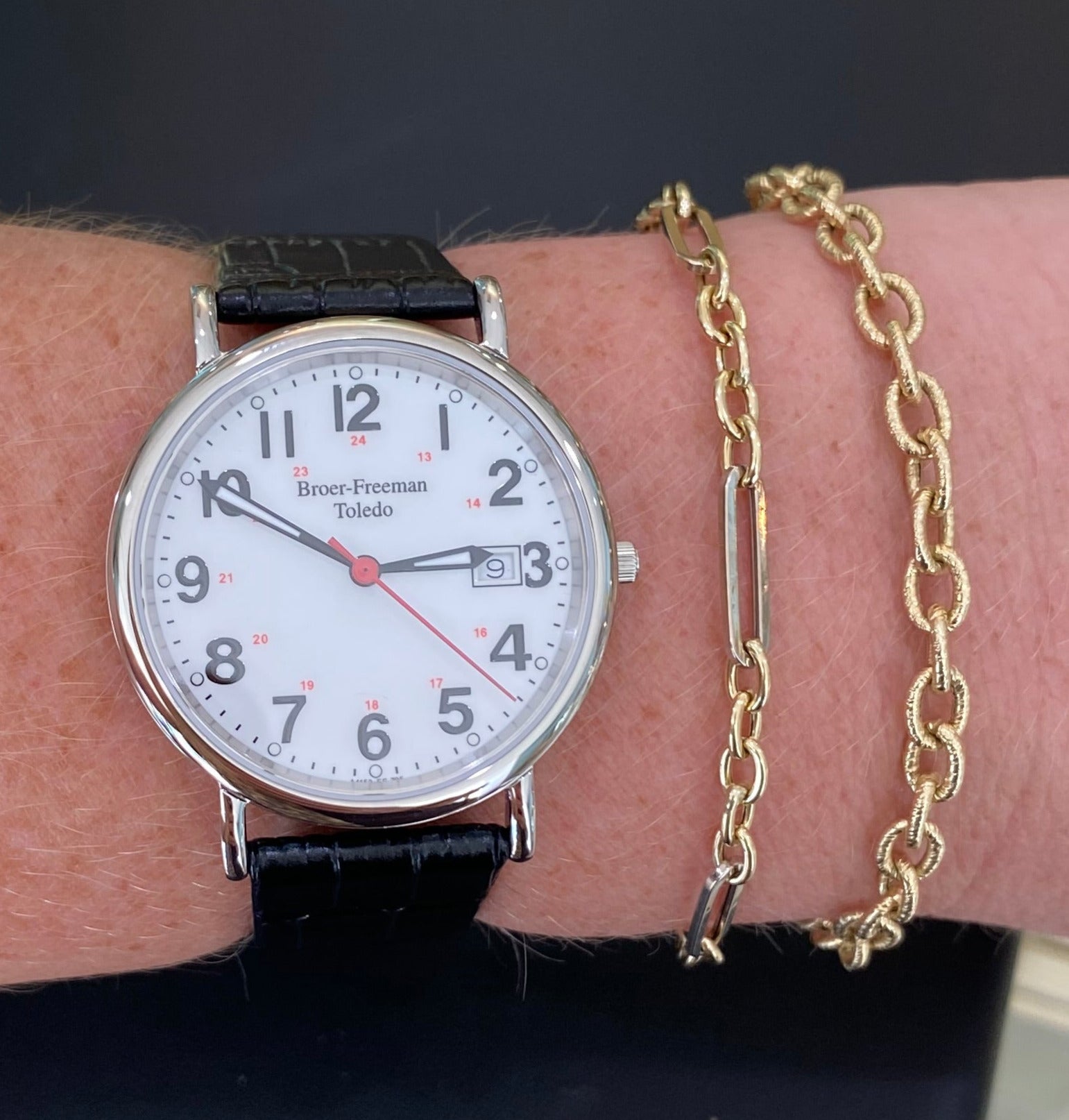White Dial Red Accent Black Leather Watch