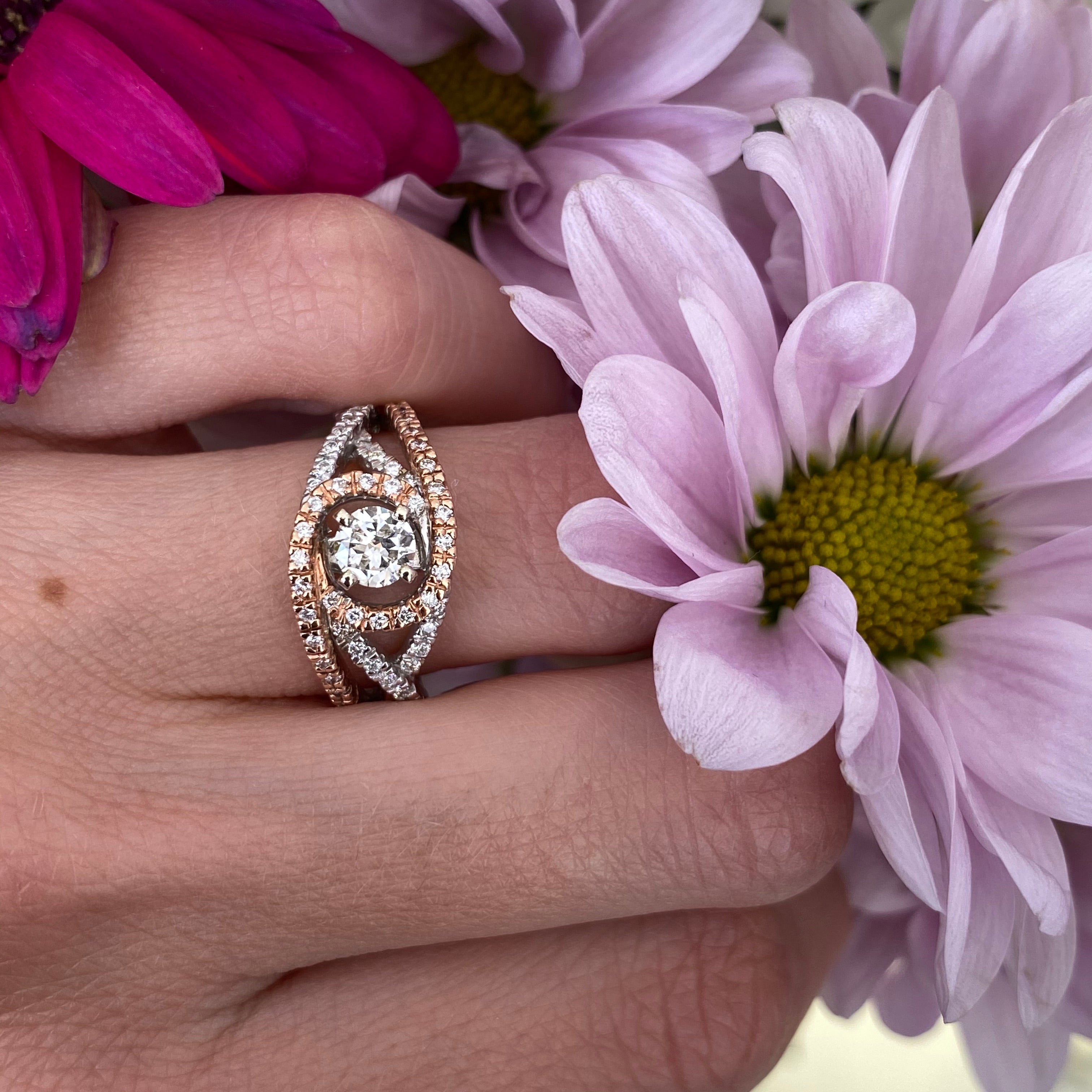 Rose & White Gold Diamond Swirl Engagement Ring