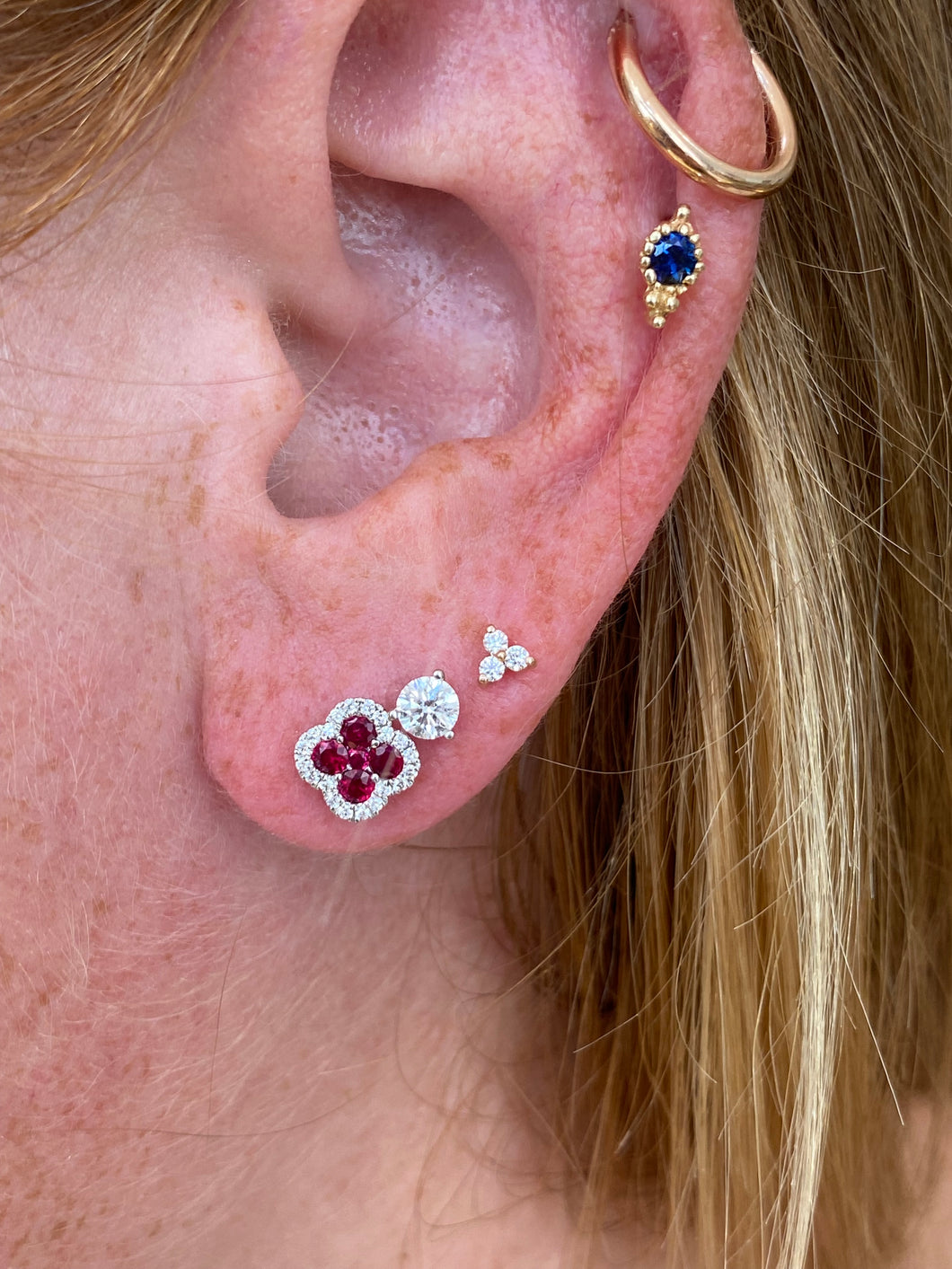 Clover Ruby and Diamond Stud Earrings