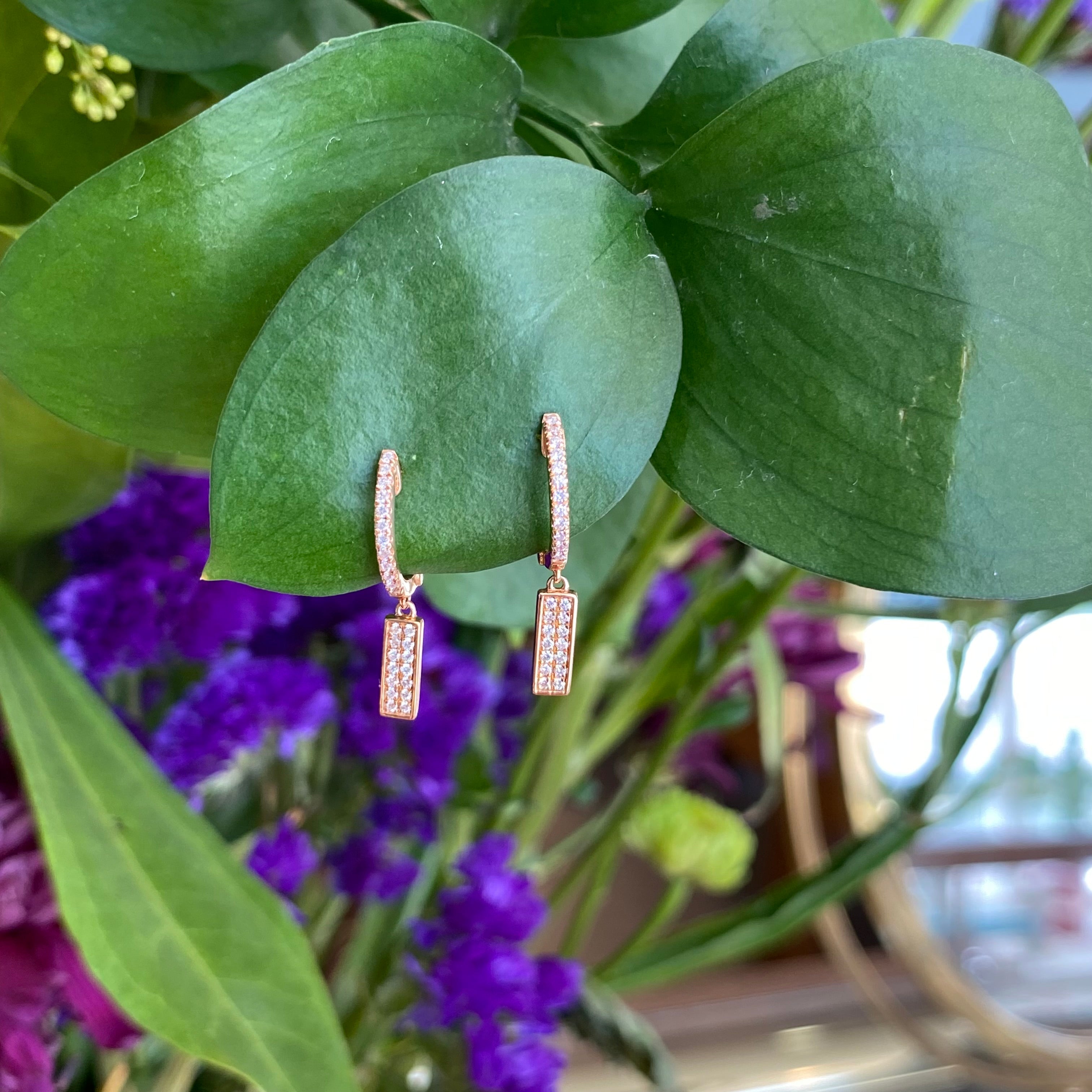 Rose Gold and Diamond Huggie Hoop Drop Earrings