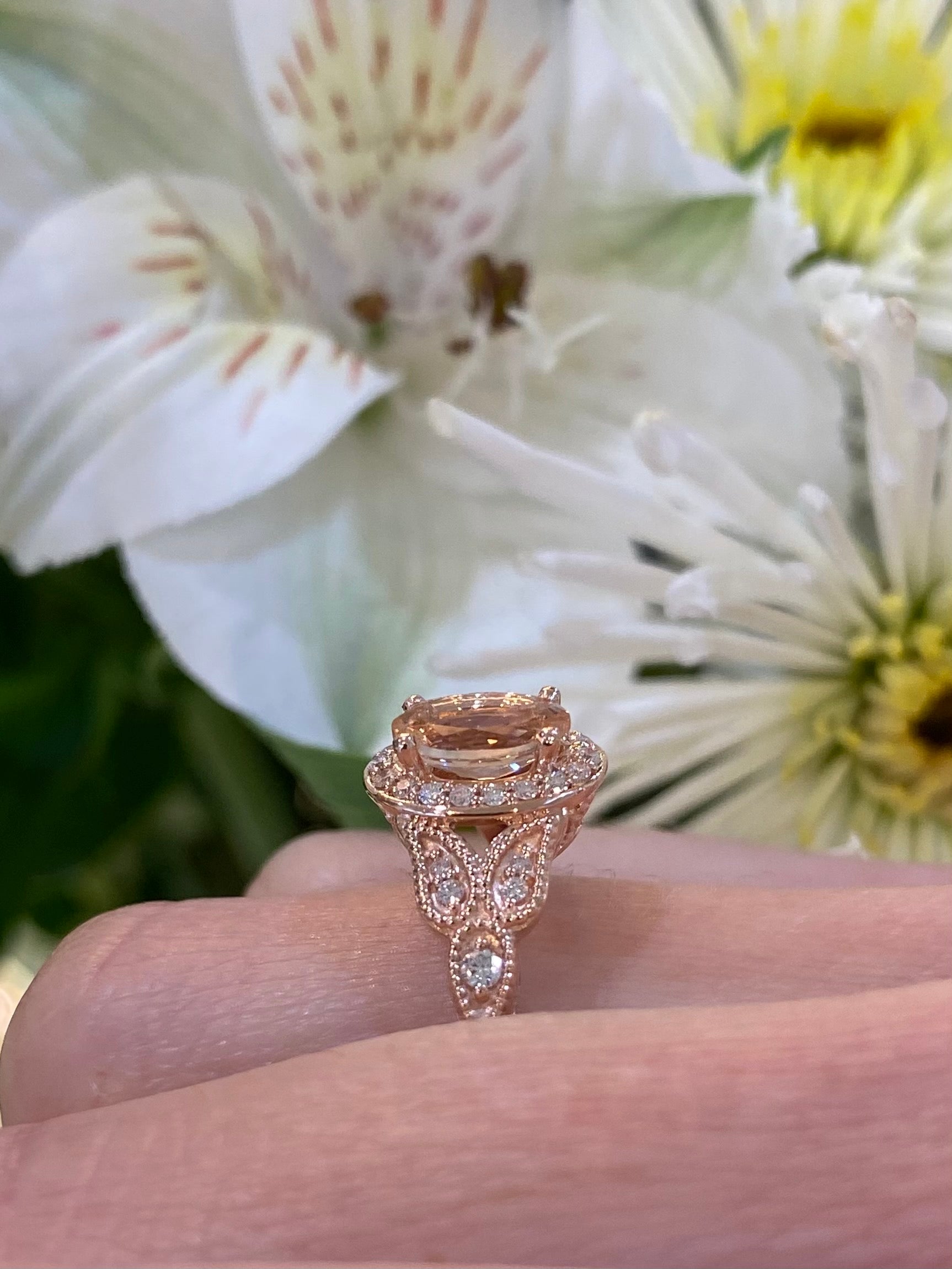 Vintage Inspired Oval Morganite Halo Ring