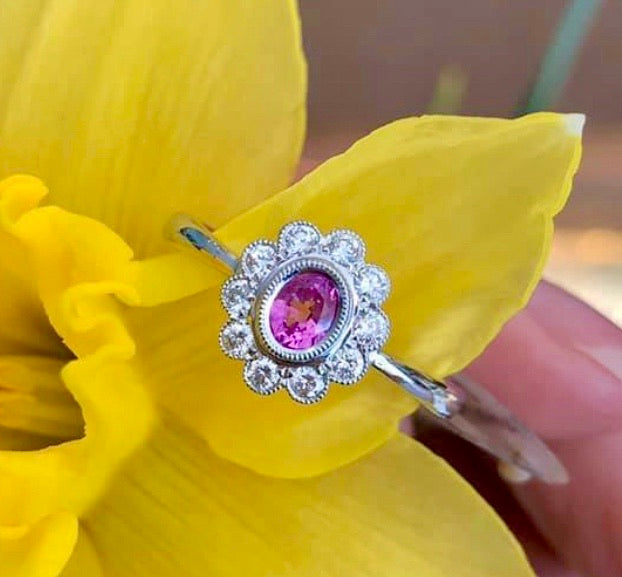 Pink Sapphire and Diamond Halo Ring