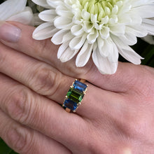 Load image into Gallery viewer, *On The Rocks* Green Tourmaline &amp; Blue Sapphire Cocktail Ring in Yellow Gold 🍹
