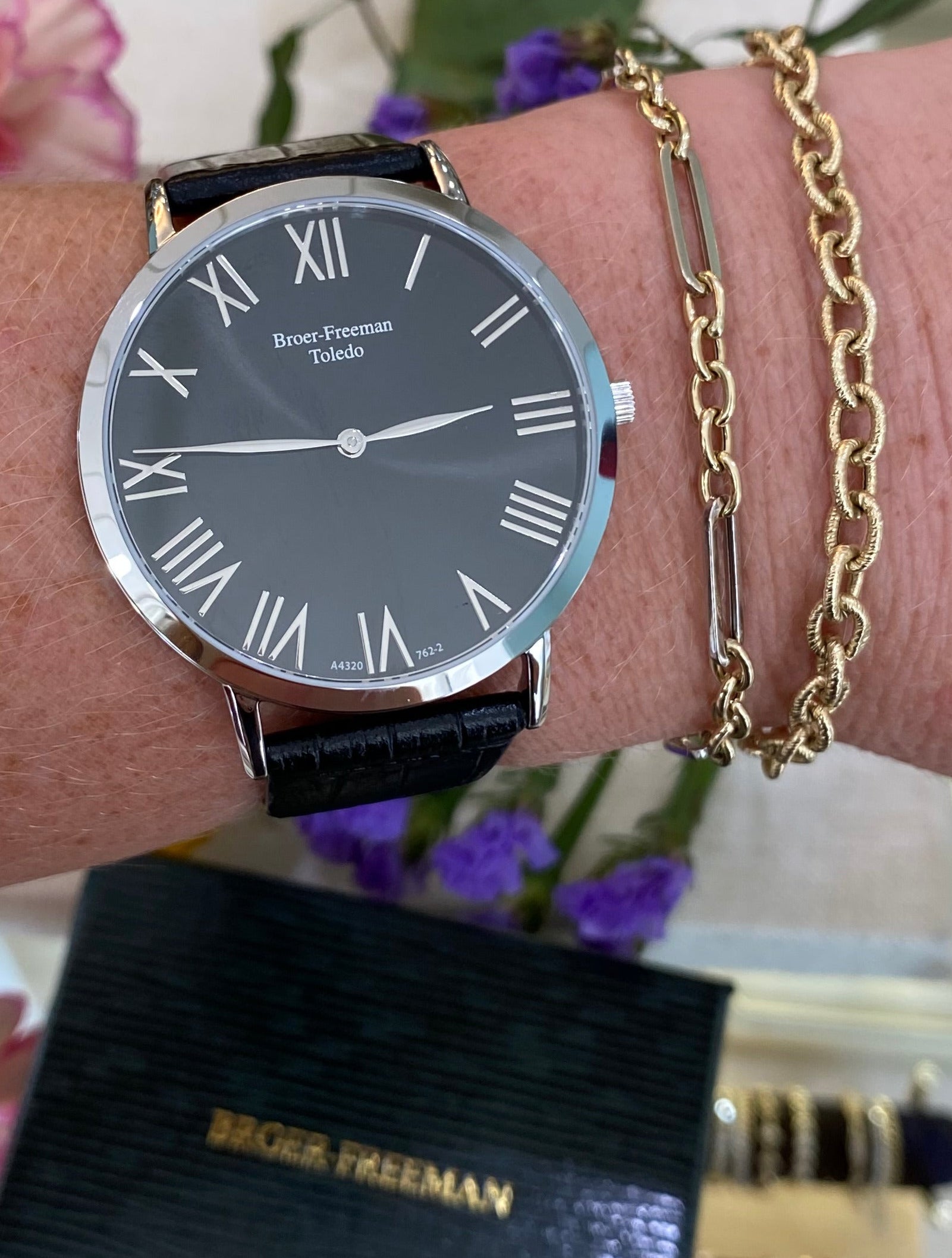 Black Dial Silver Toned Leather Watch