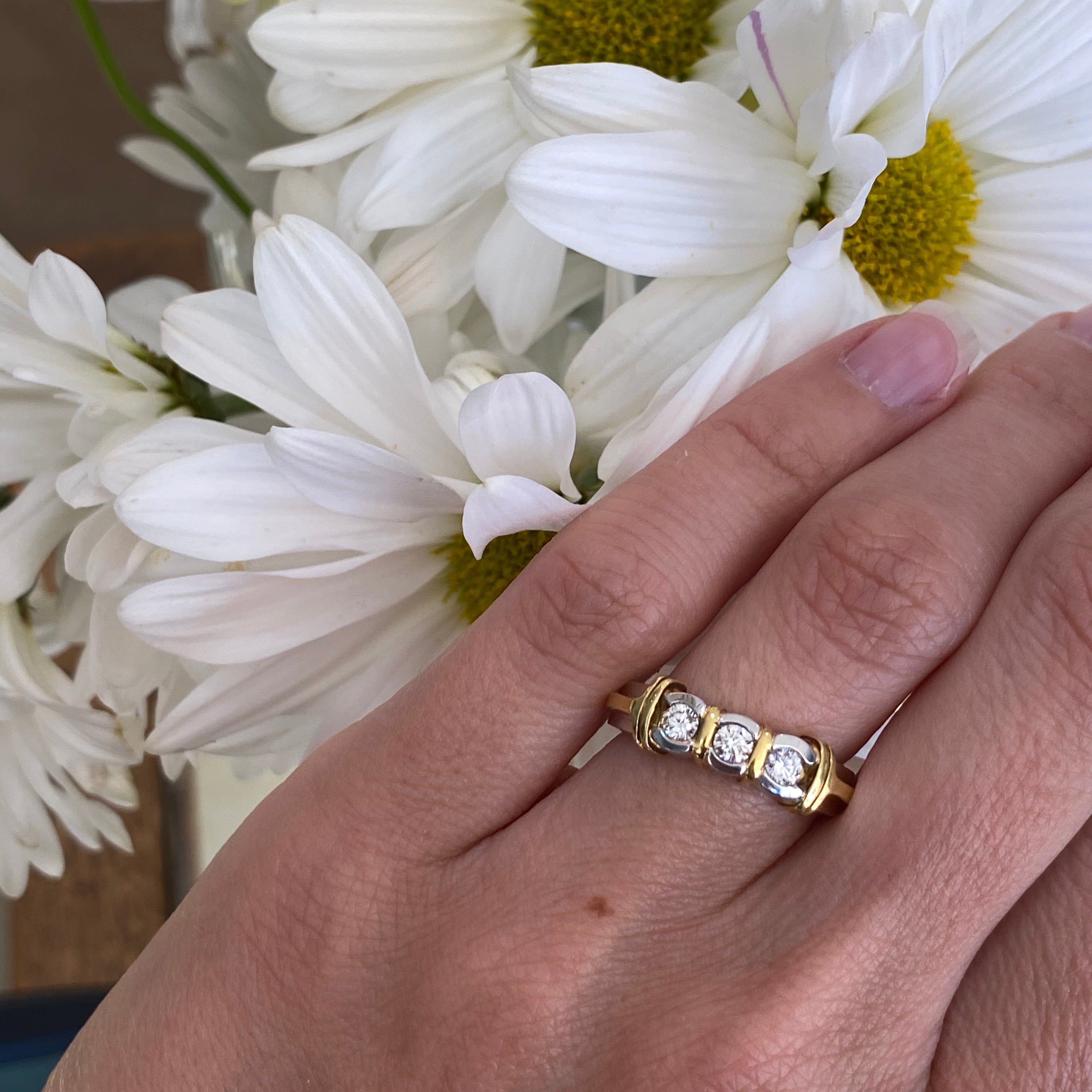 Platinum & 18K Yellow Gold Three Stone Diamond Ring