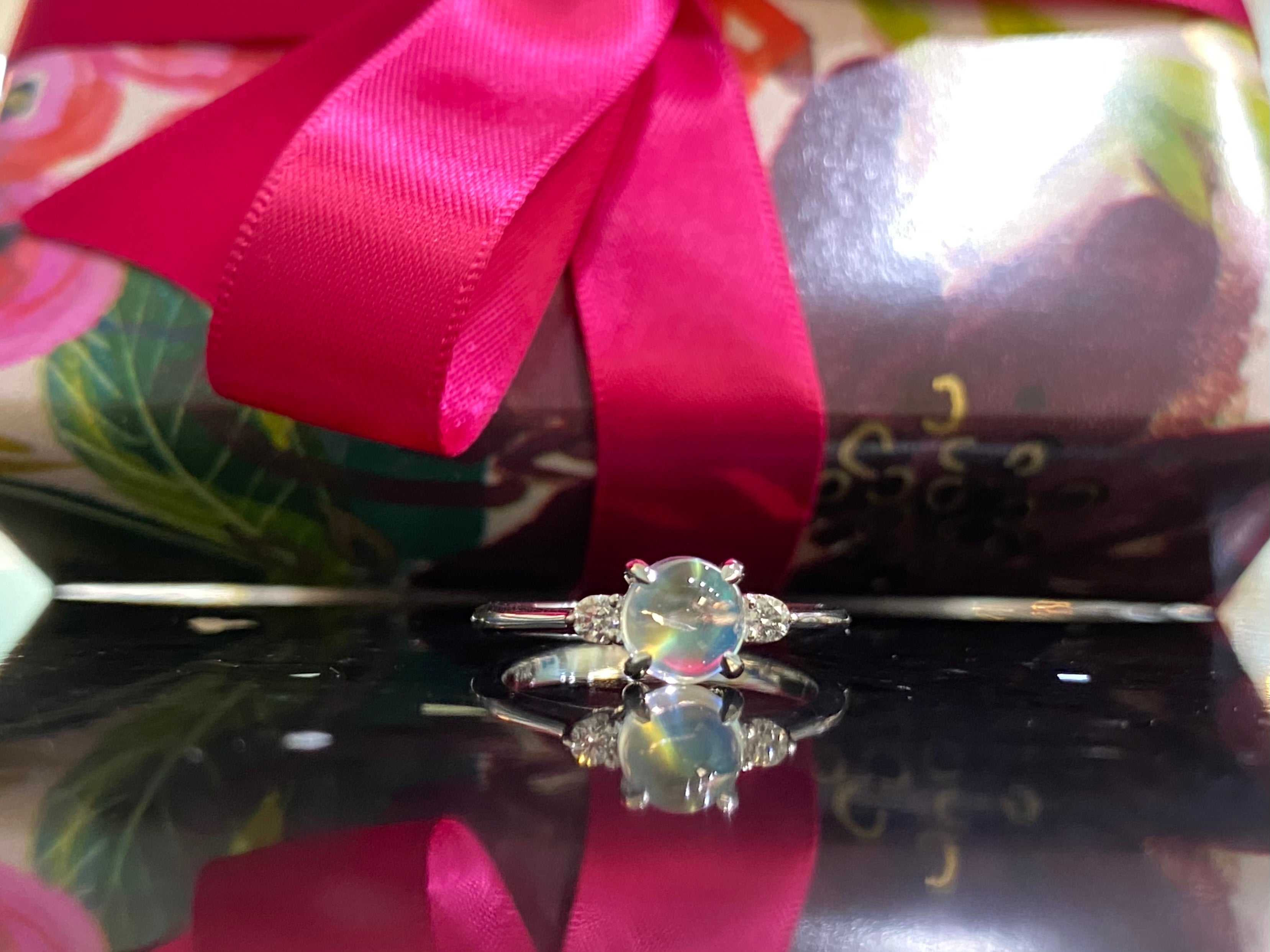 Round Moonstone & Diamond Three Stone Ring