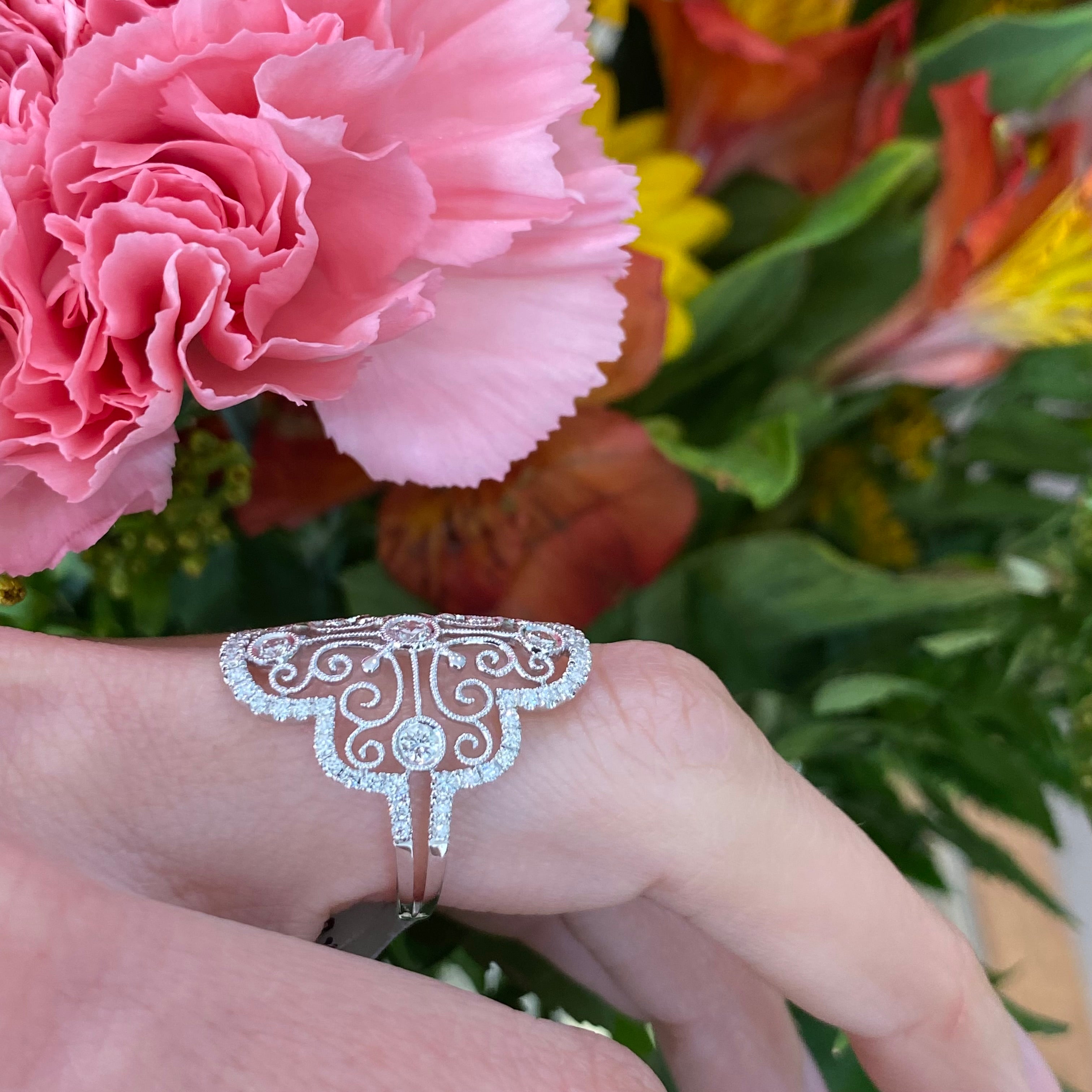 Vintage Inspired Lace Style Diamond Ring in 18k White Gold