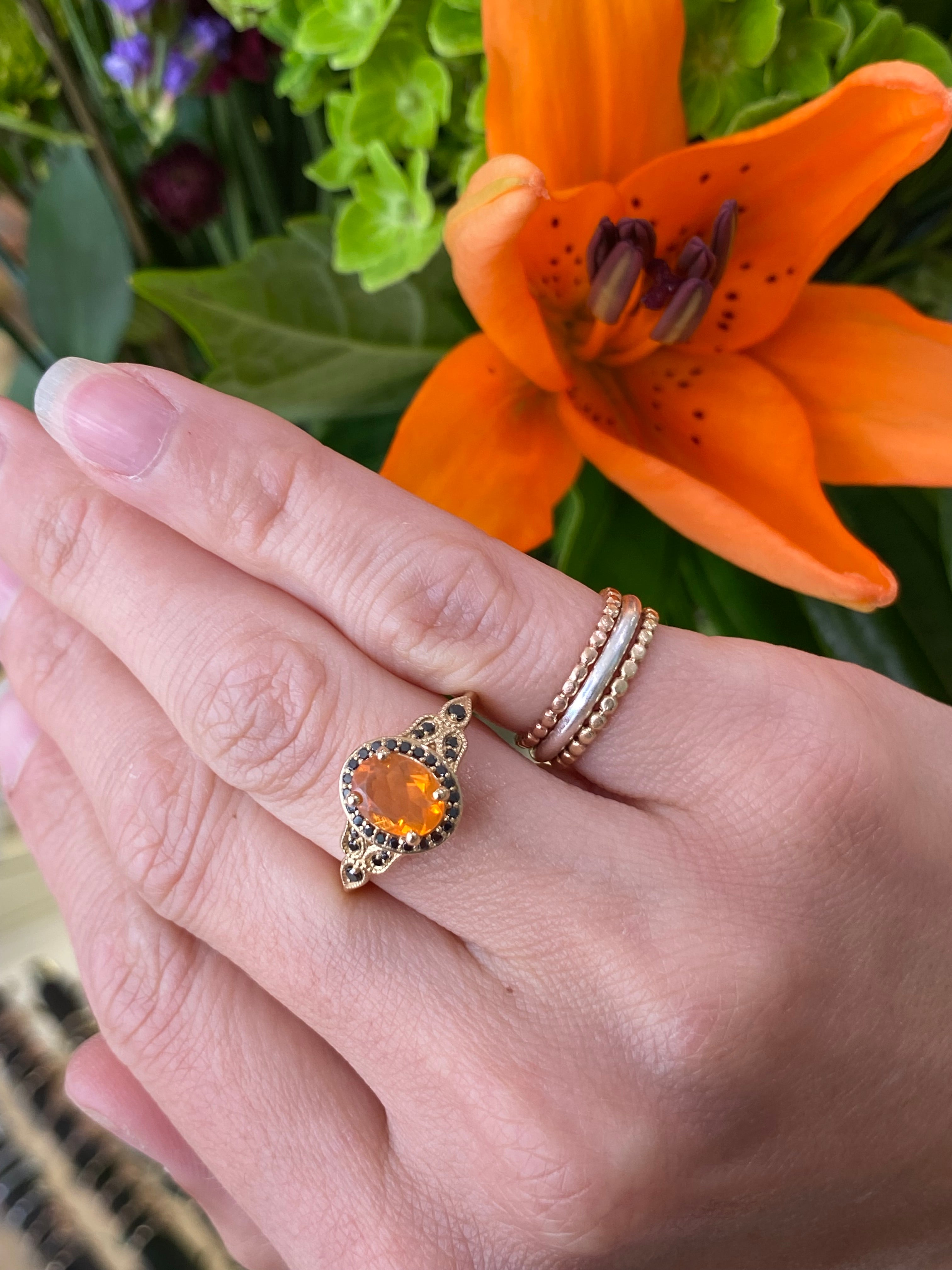 Fire Opal & Black Diamond Yellow Gold Ring
