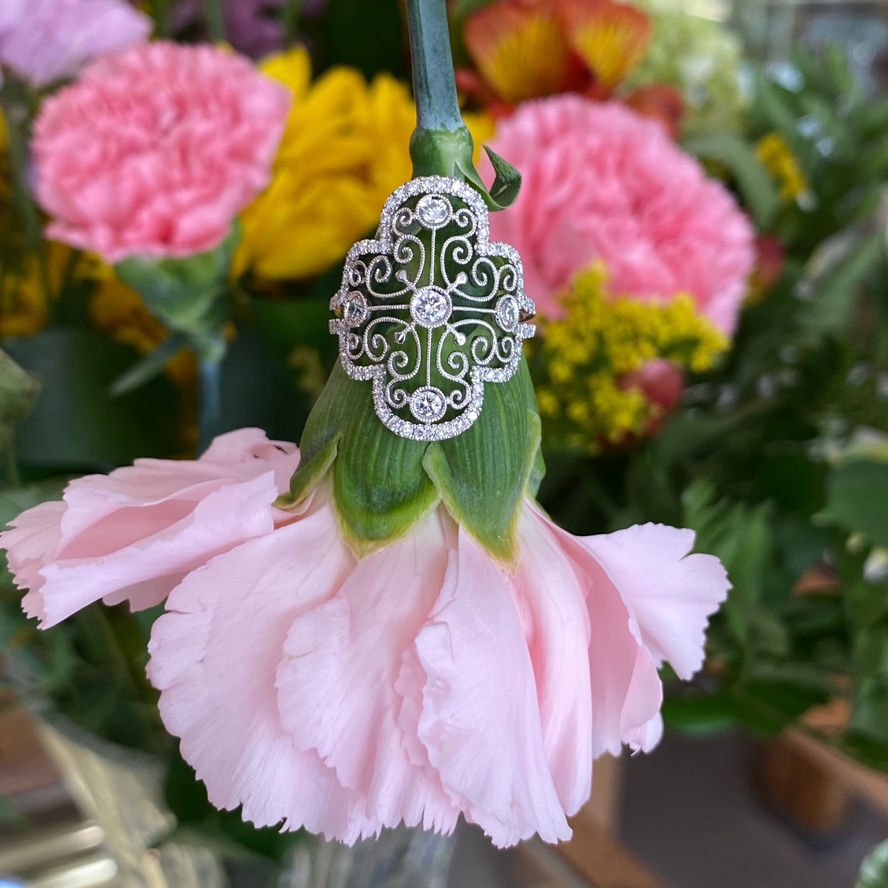 Vintage Inspired Lace Style Diamond Ring in 18k White Gold