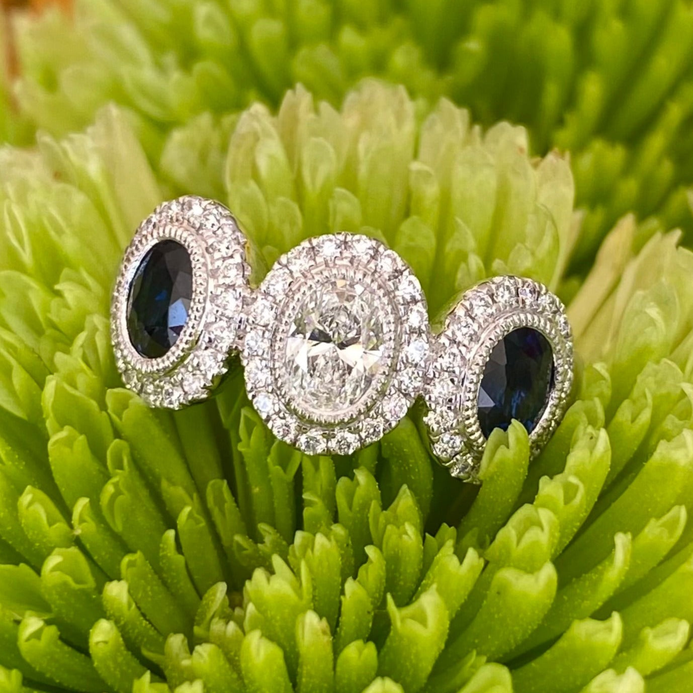 Oval Diamond & Sapphire Three Stone Ring