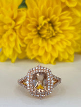 Load image into Gallery viewer, Rose Gold Elongated Cushion Morganite And Double Diamond Halo Ring
