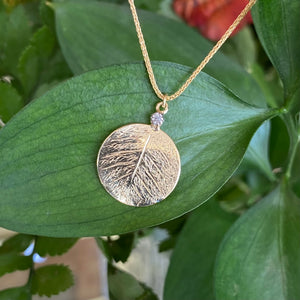 Leaf Print & Diamond Necklace in Yellow Gold