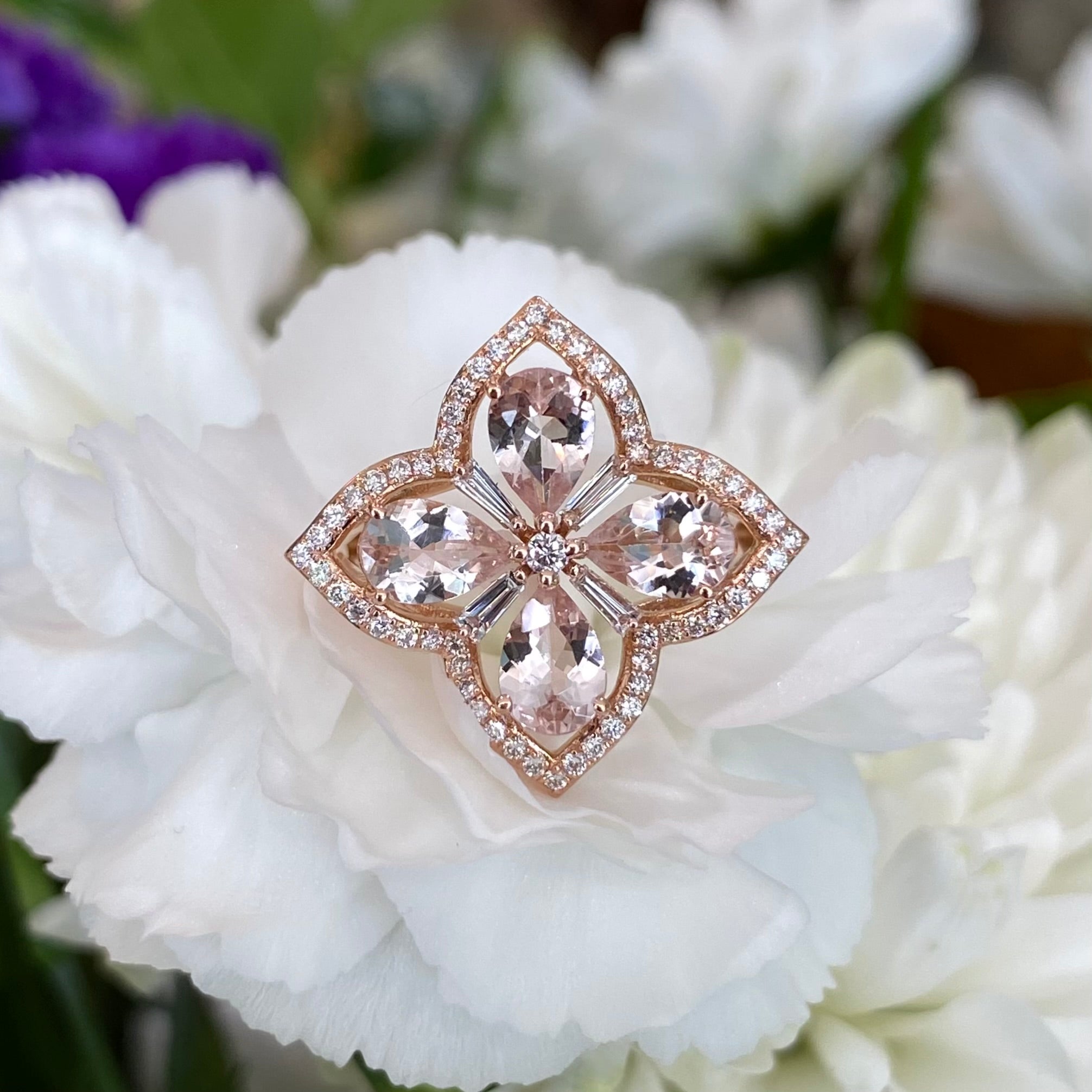 Rosé Clover Morganite and Diamond Ring