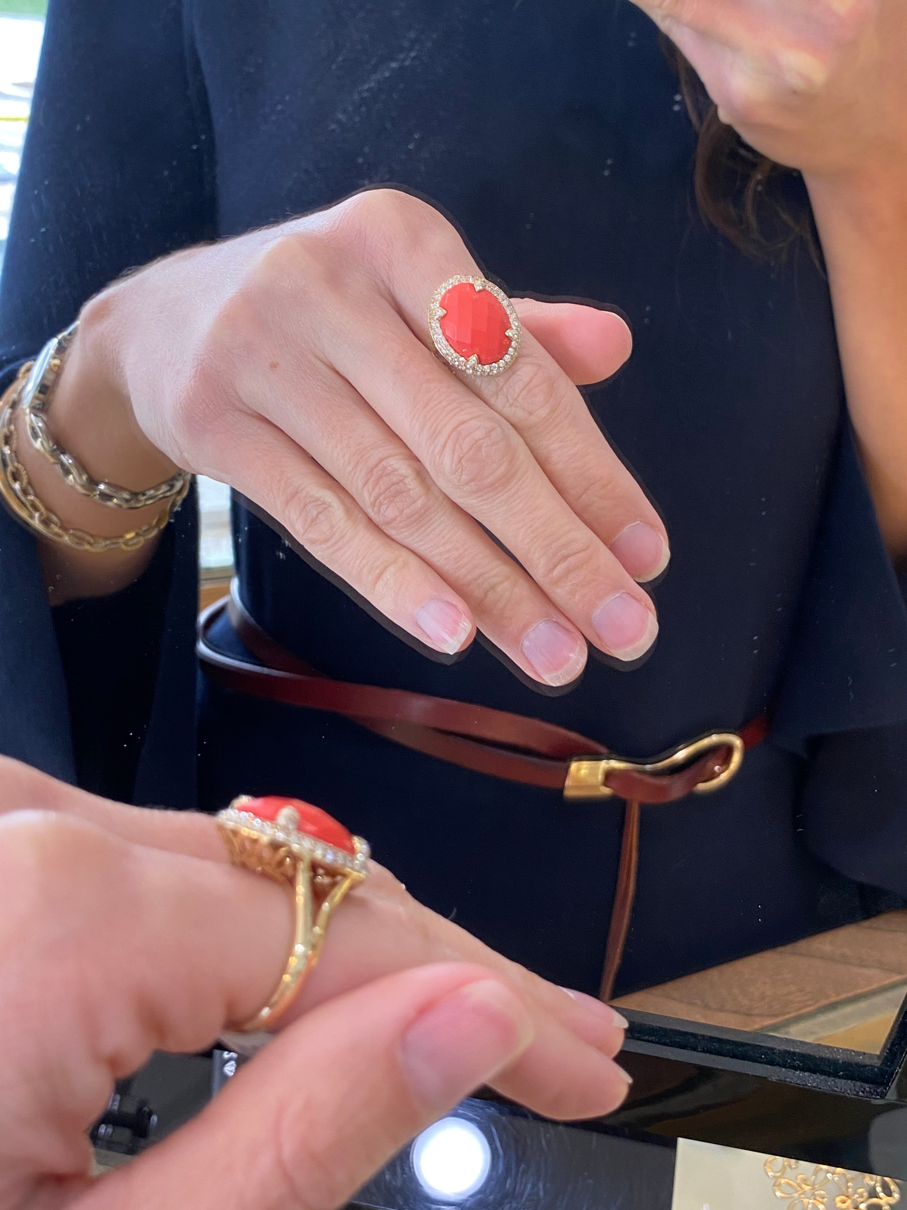 Coral & Diamond Halo Yellow Gold Ring