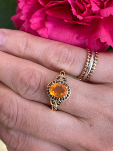 Fire Opal & Black Diamond Yellow Gold Ring