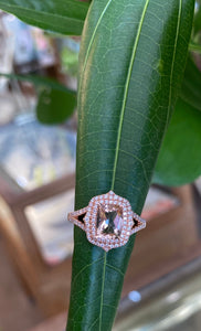 Rose Gold Elongated Cushion Morganite And Double Diamond Halo Ring