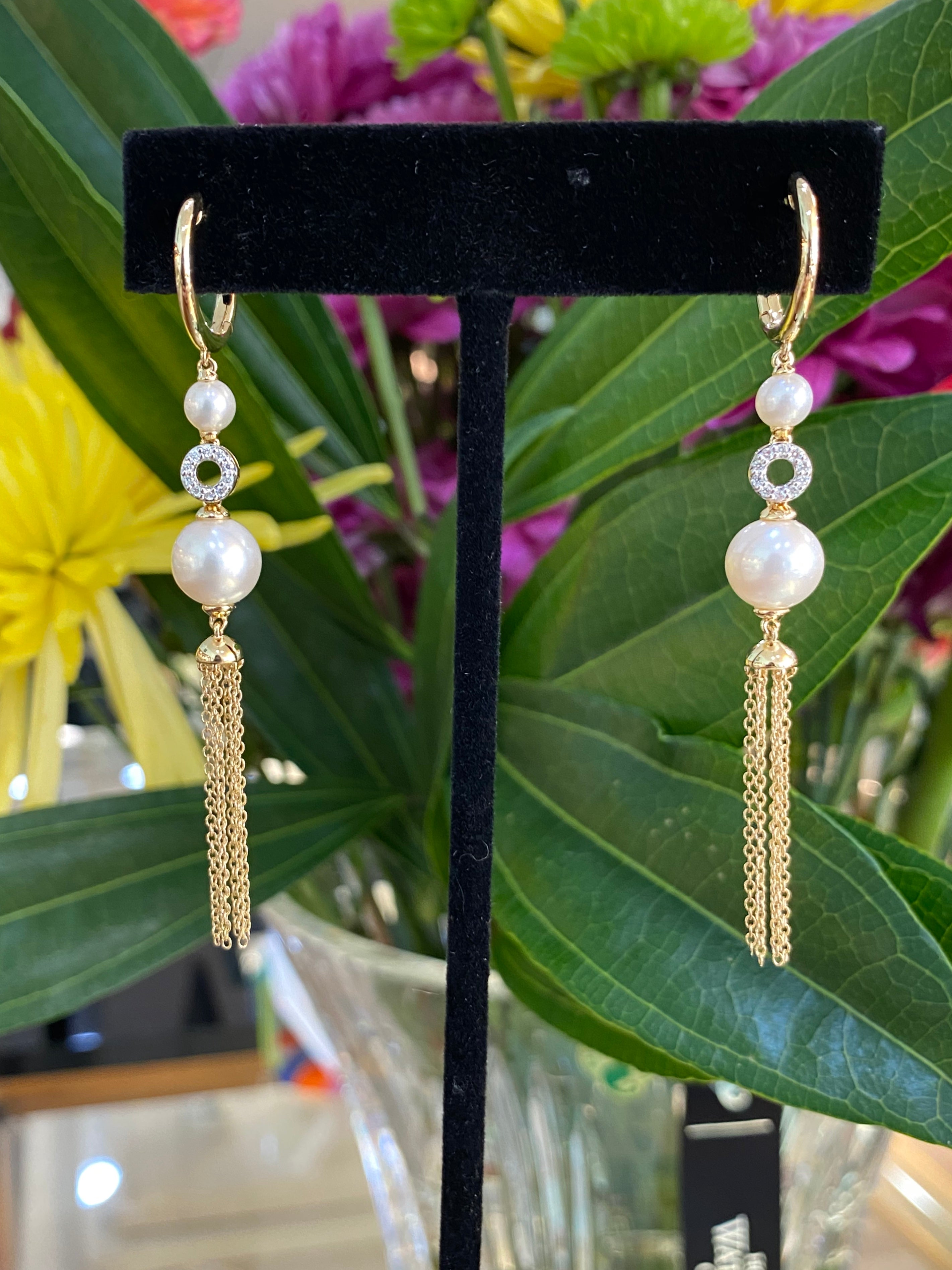 Diamond & Pearl Drop Tassel Earrings