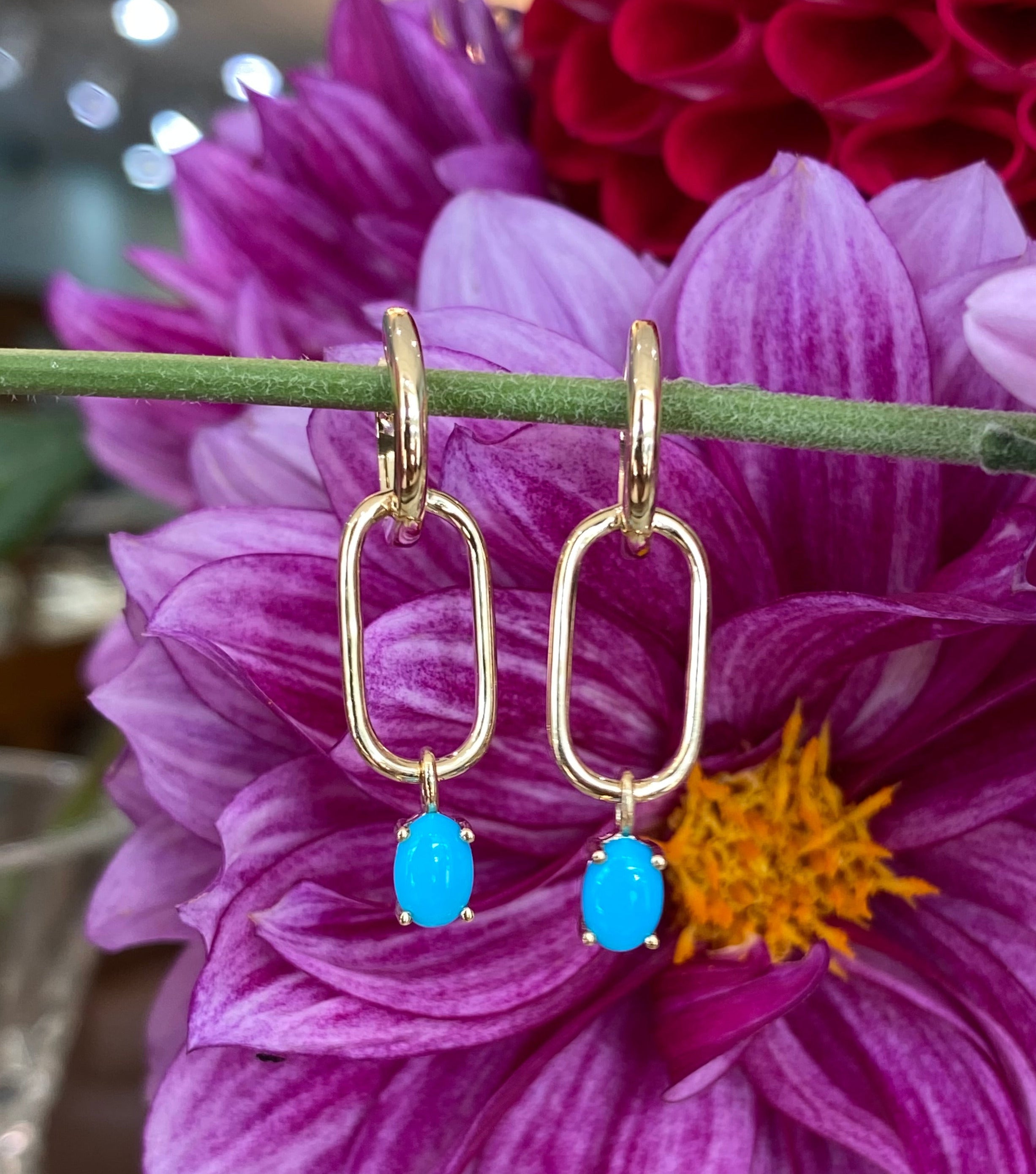 Turquoise Paper Clip Gold Hoop Earrings