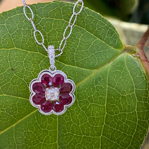 Ruby and Diamond 18K White Gold Flower Pendant Necklace