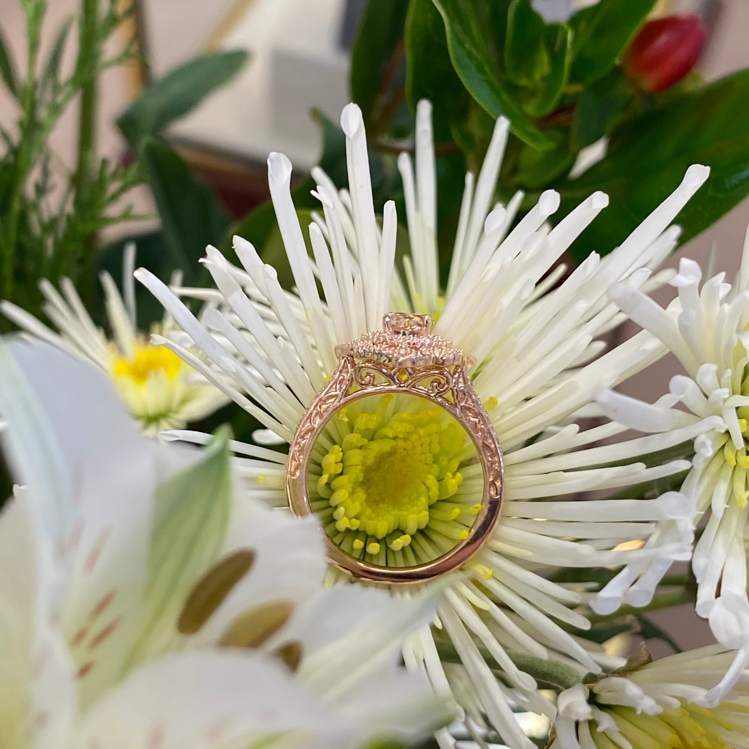 Vintage Inspired Lace Rose Gold, Morganite & Diamond Ring