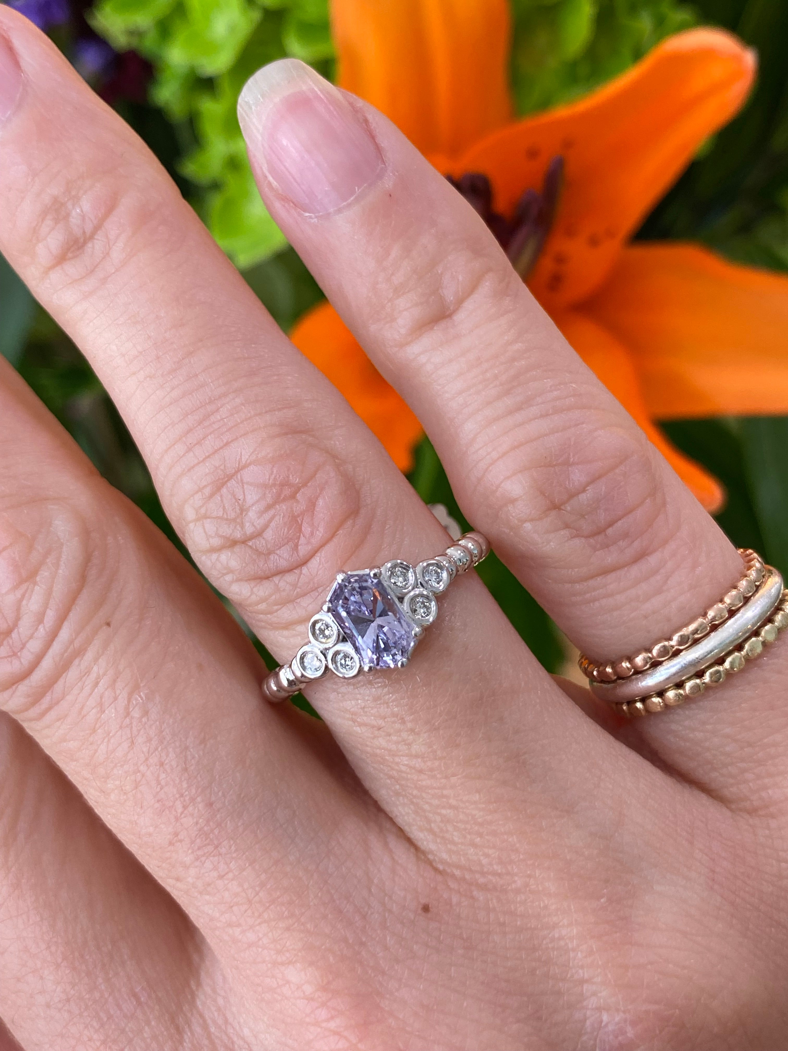 Lavender Sapphire and Round Diamond Ring