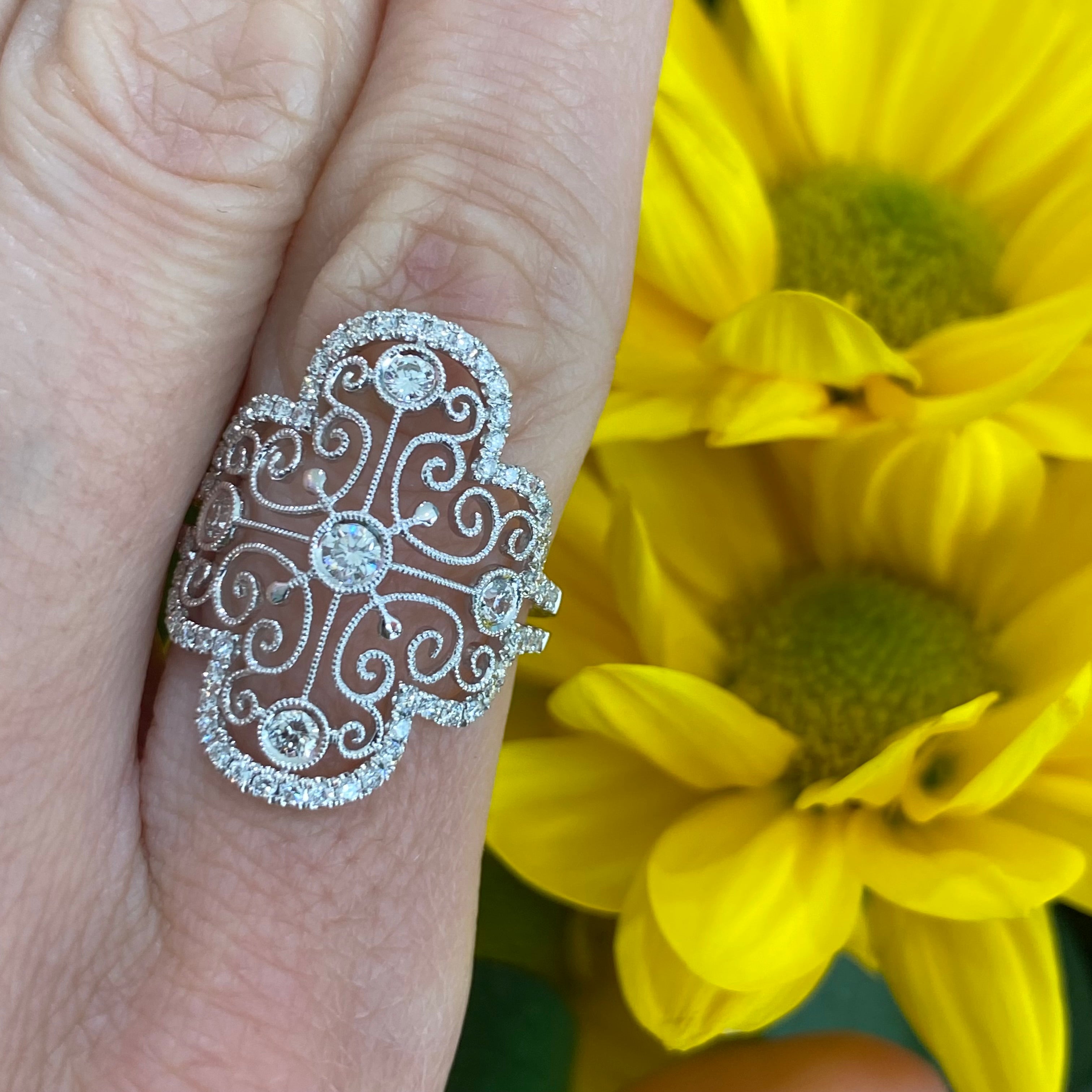 Vintage Inspired Lace Style Diamond Ring in 18k White Gold