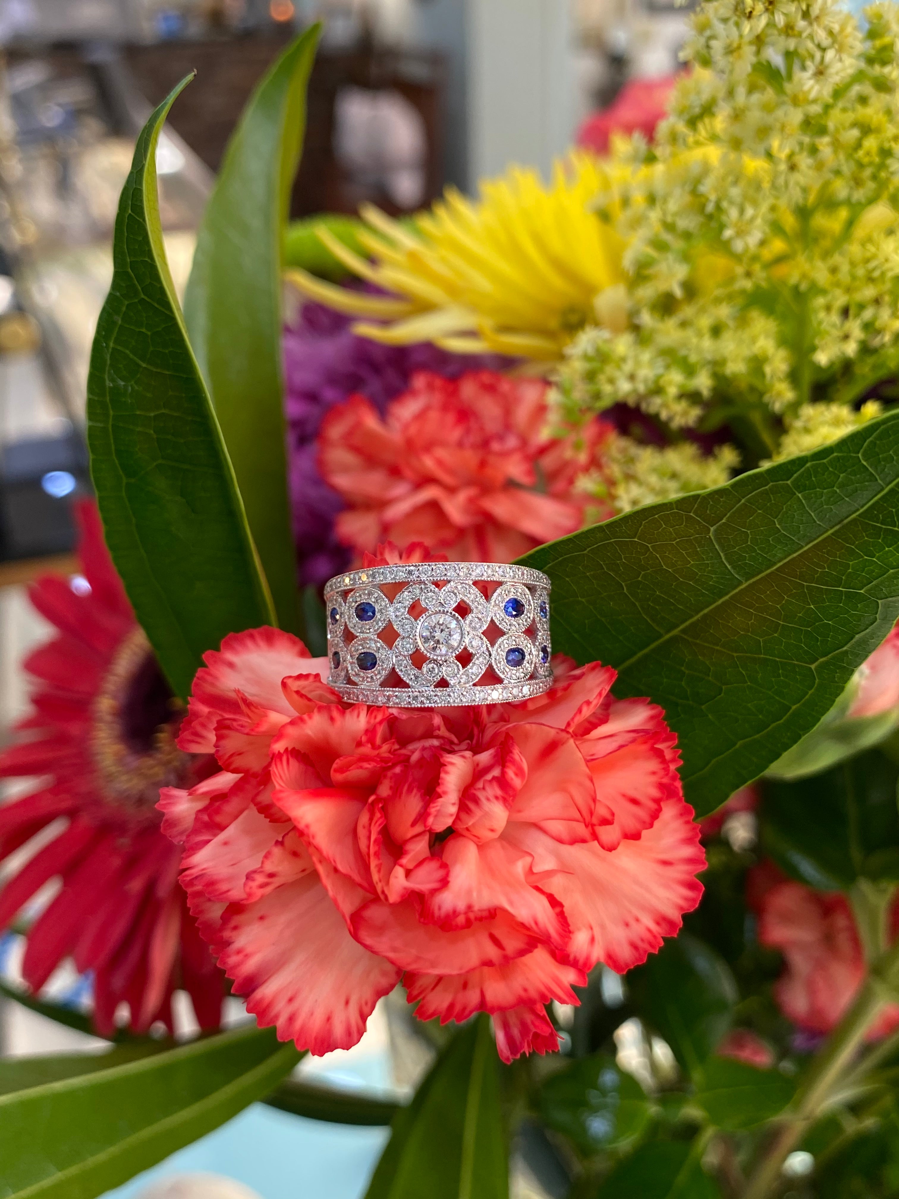 Sapphire & Diamond Milgrain Wide Ring