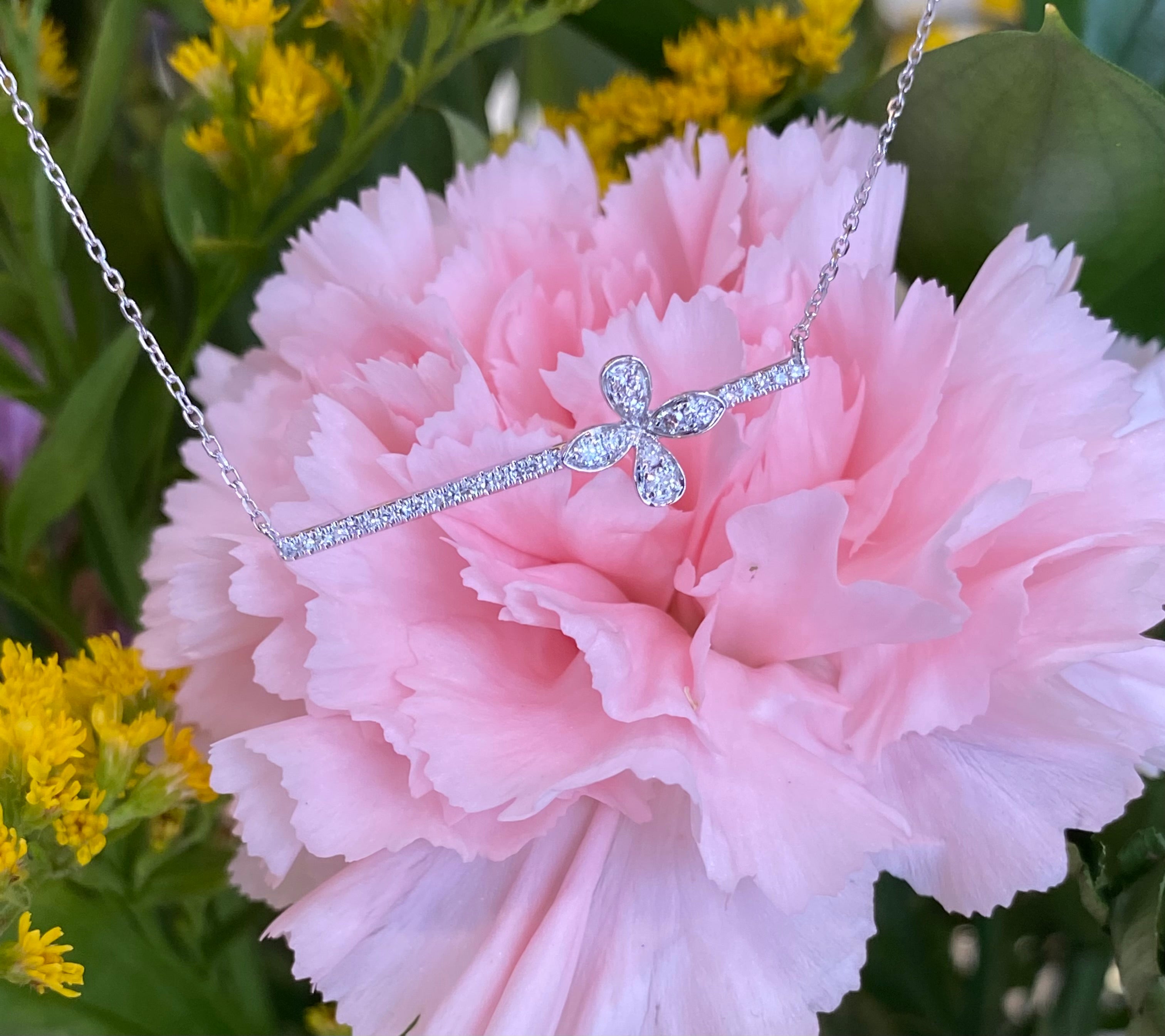 Diamond Flower Bar Necklace in White Gold