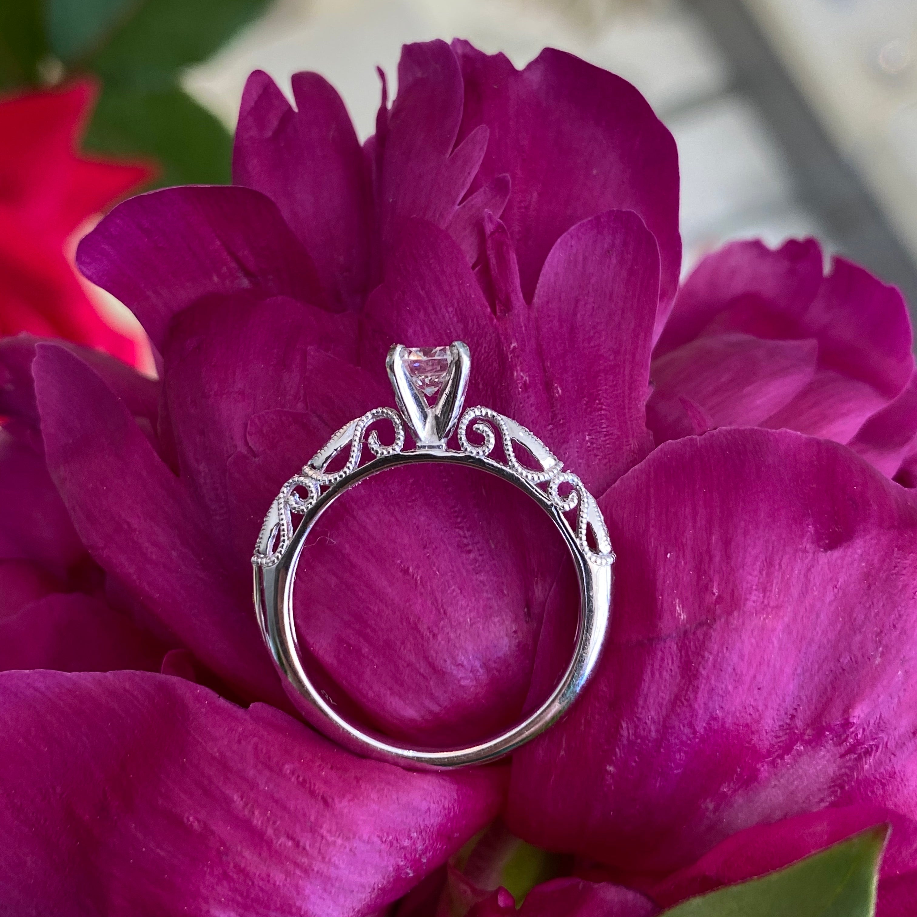 Fancy Round Solitaire Engagement Ring with Filigree Scroll Work