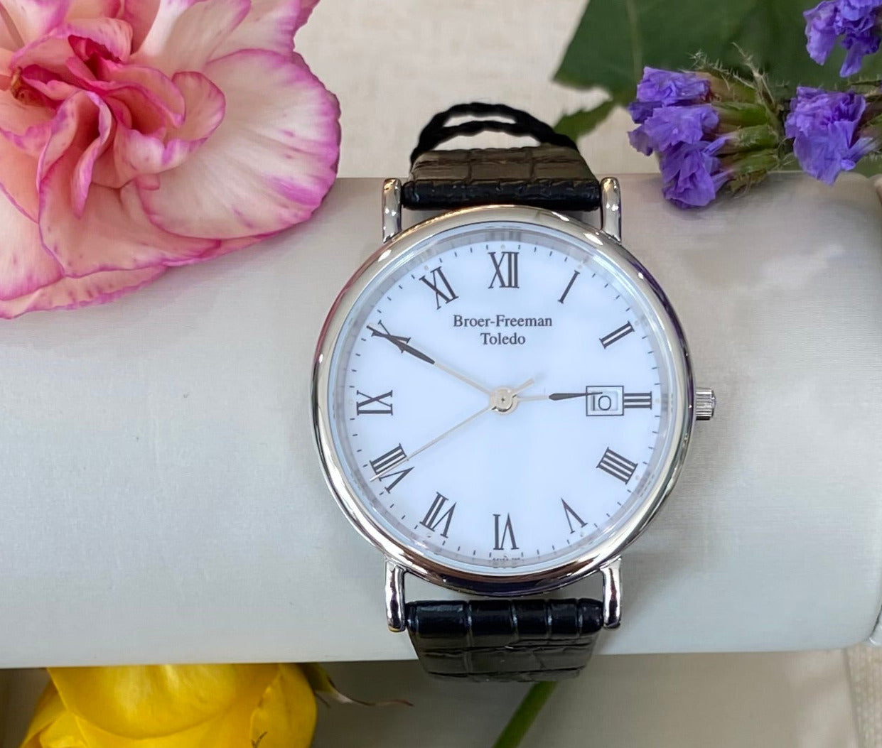 White Dial Silver Toned Black Leather Watch