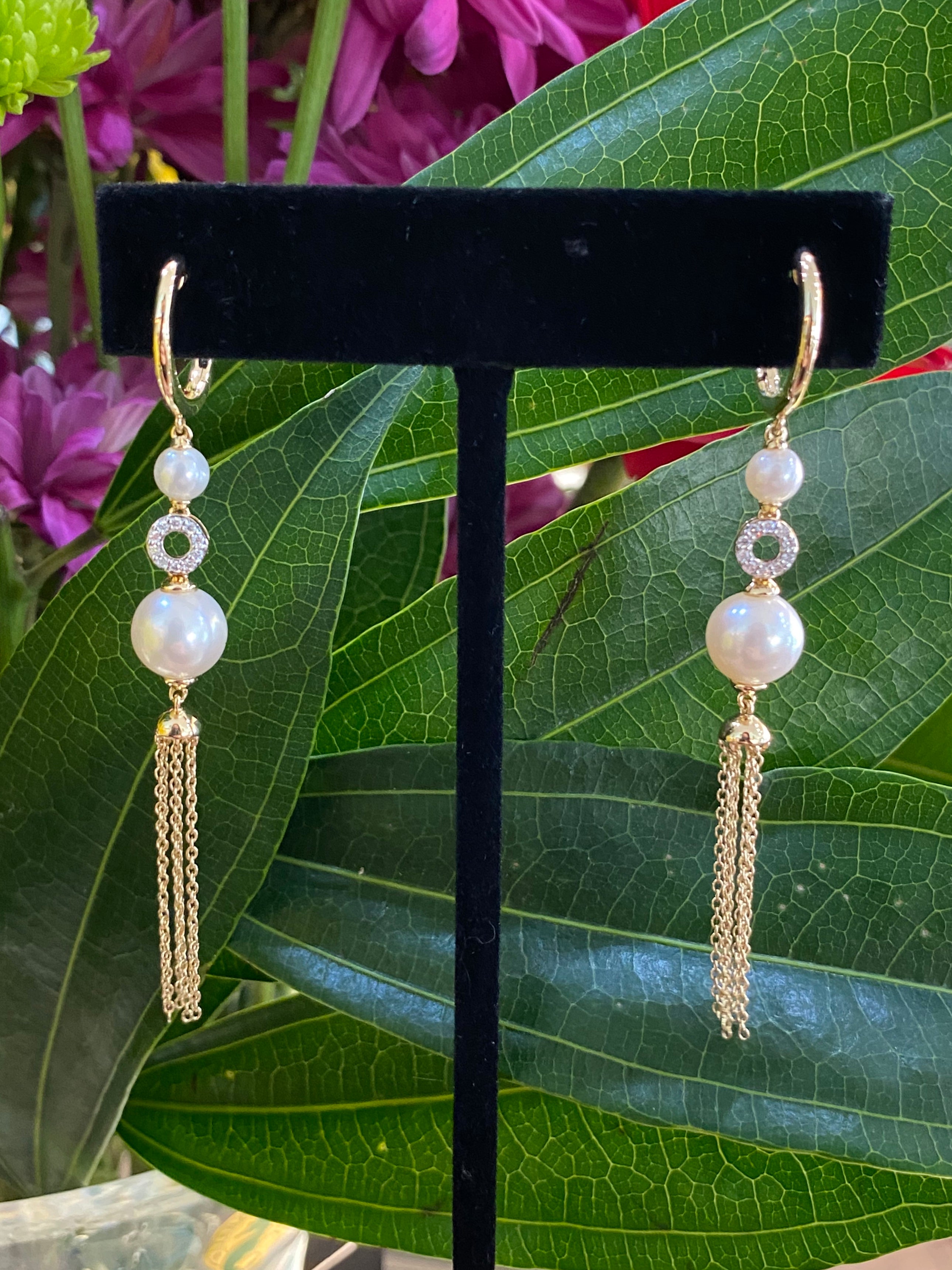 Diamond & Pearl Drop Tassel Earrings