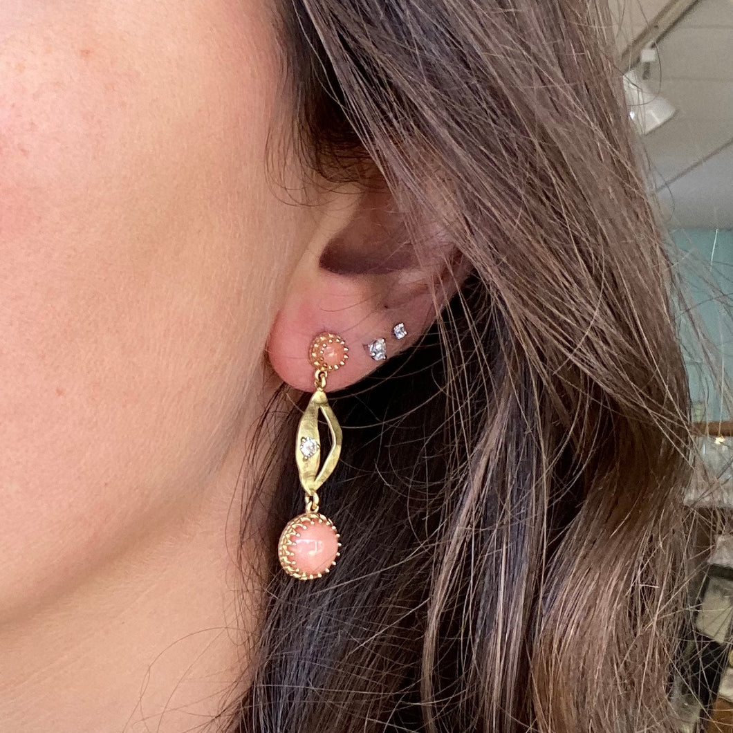 Custom Made Coral & Diamond Drop Earrings in 18K Yellow Gold