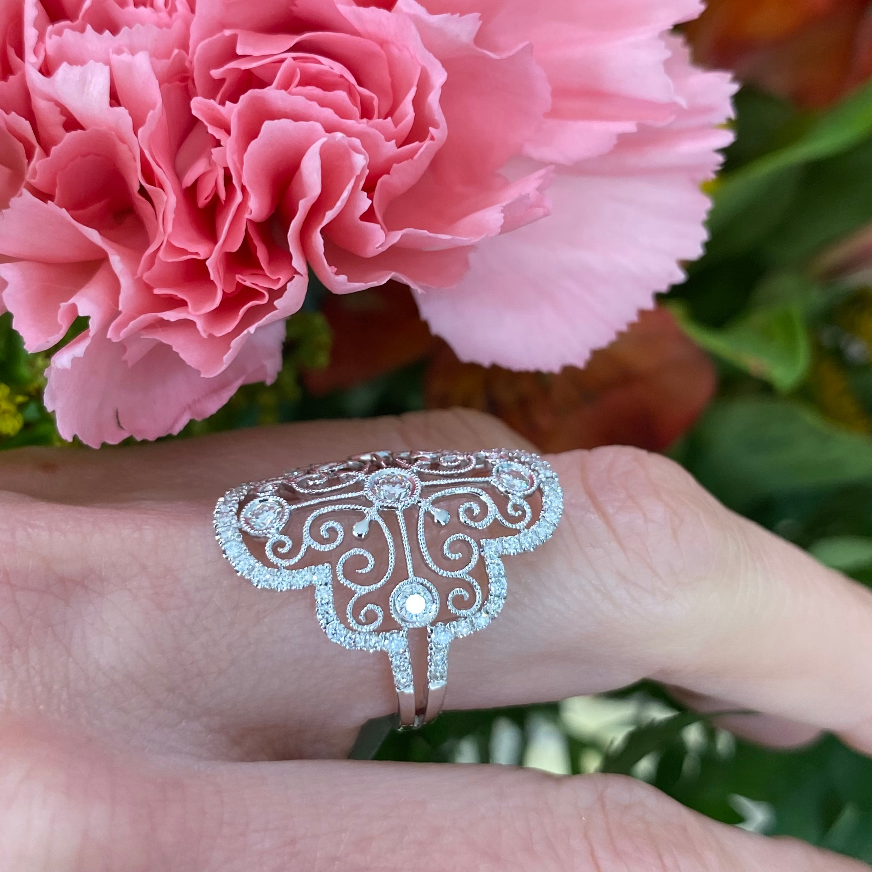 Vintage Inspired Lace Style Diamond Ring in 18k White Gold