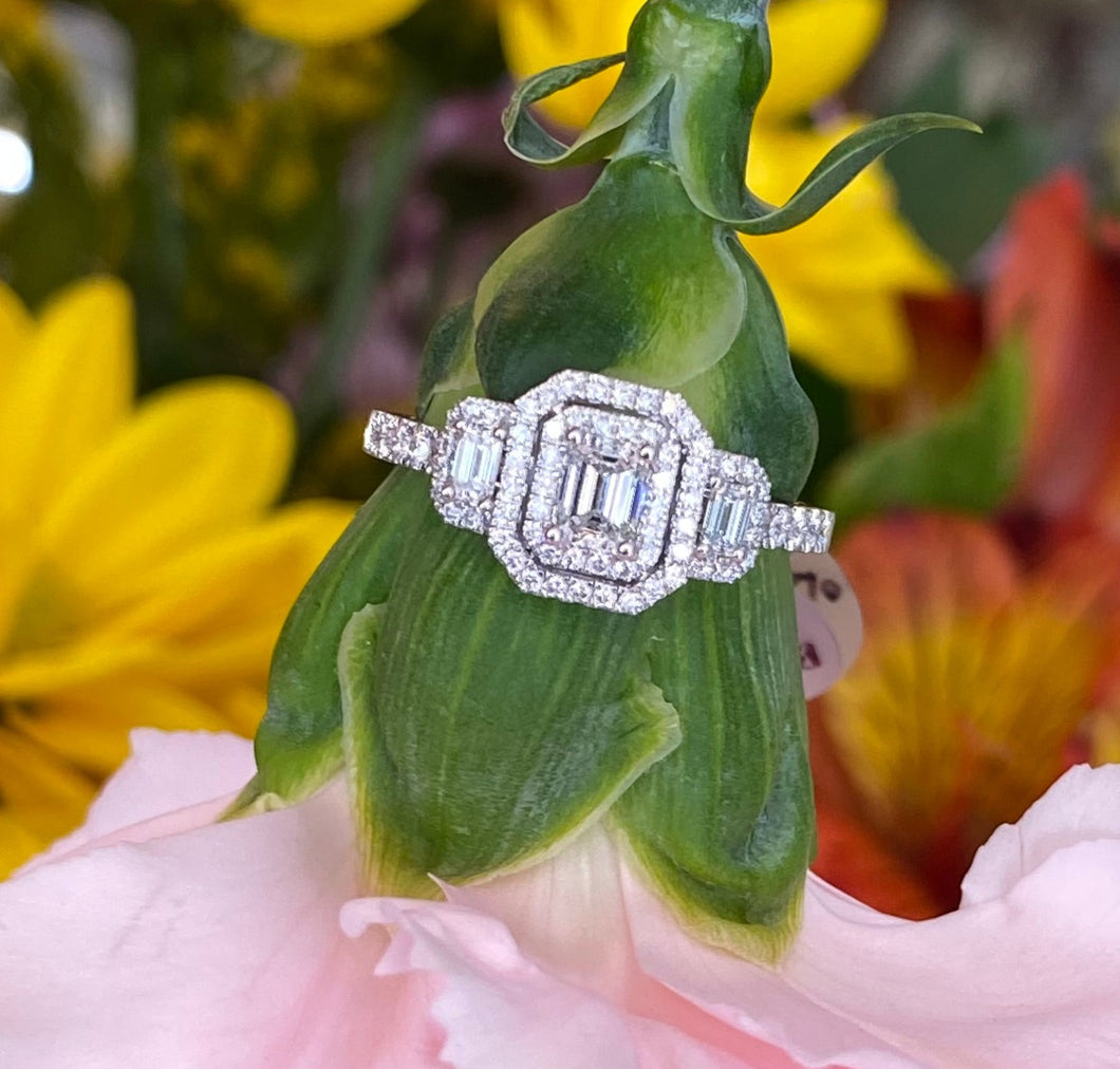 Mosaic Emerald Cut Three Stone Diamond Ring in 14k White Gold
