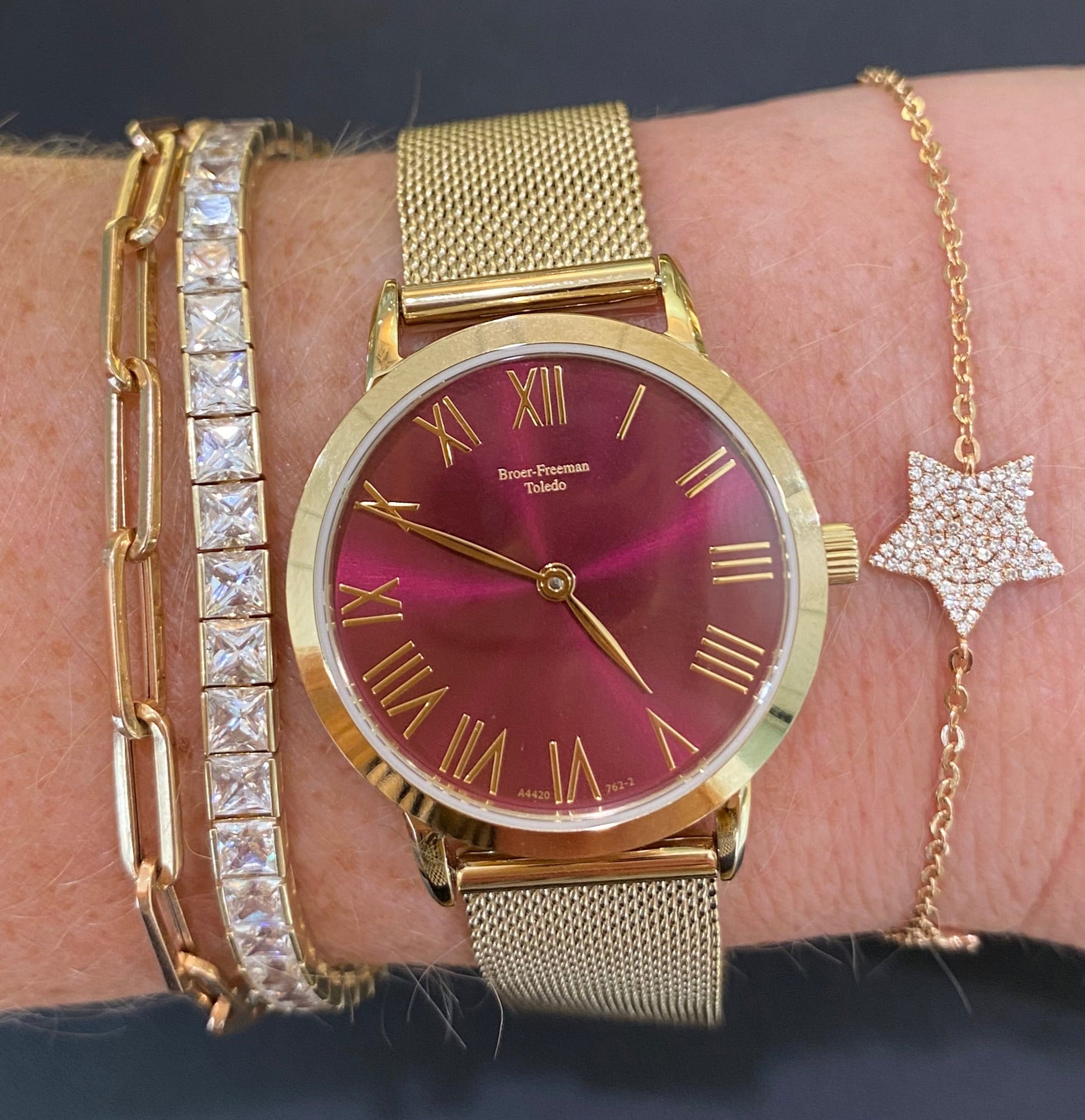 Crimson Dial Gold Mesh Bracelet Watch