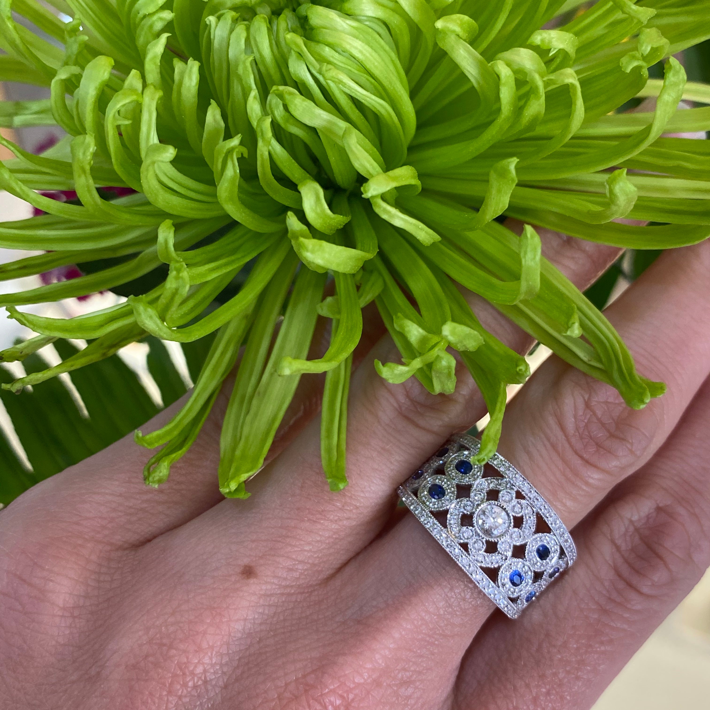 Sapphire & Diamond Milgrain Wide Ring