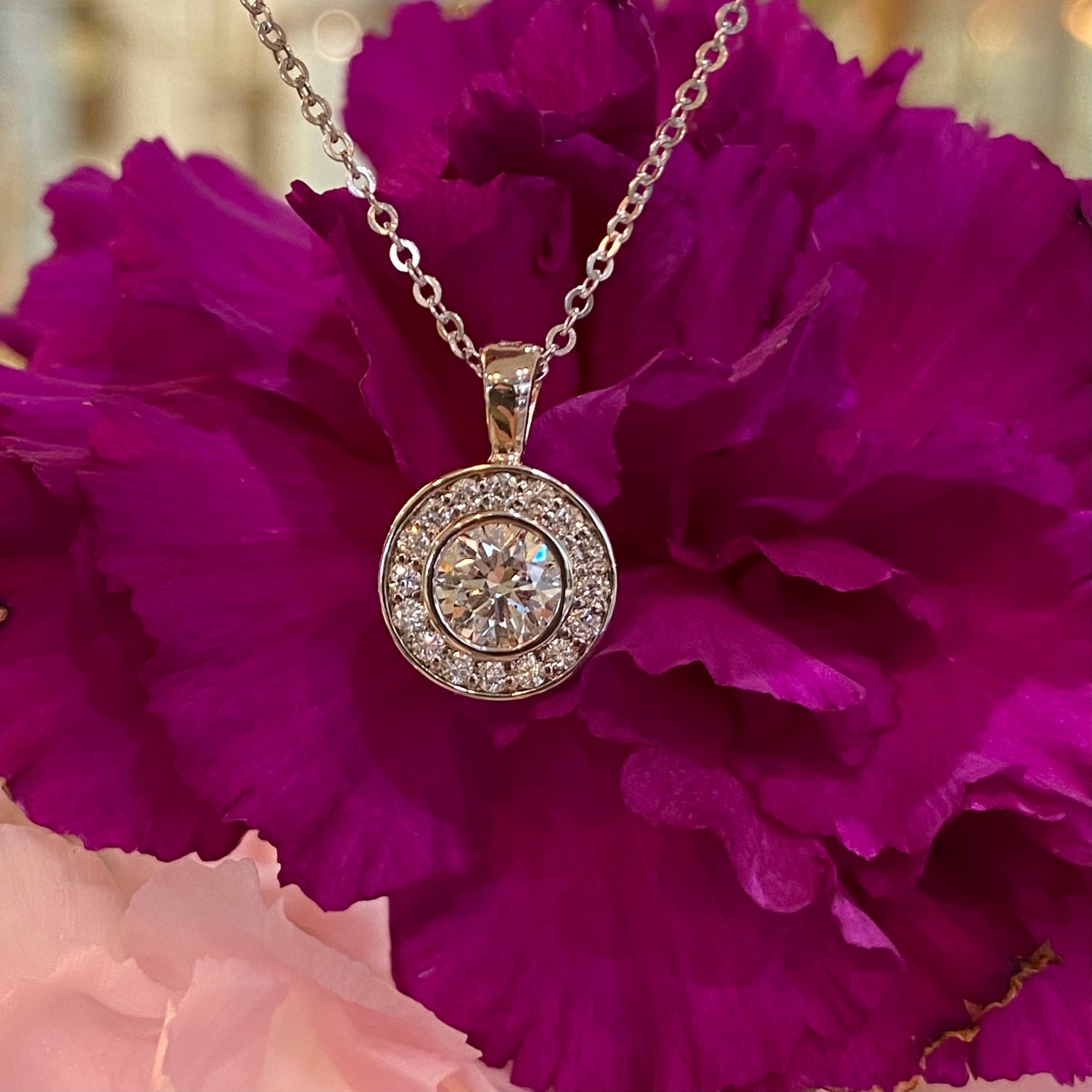 Diamond Halo Pendant in White Gold